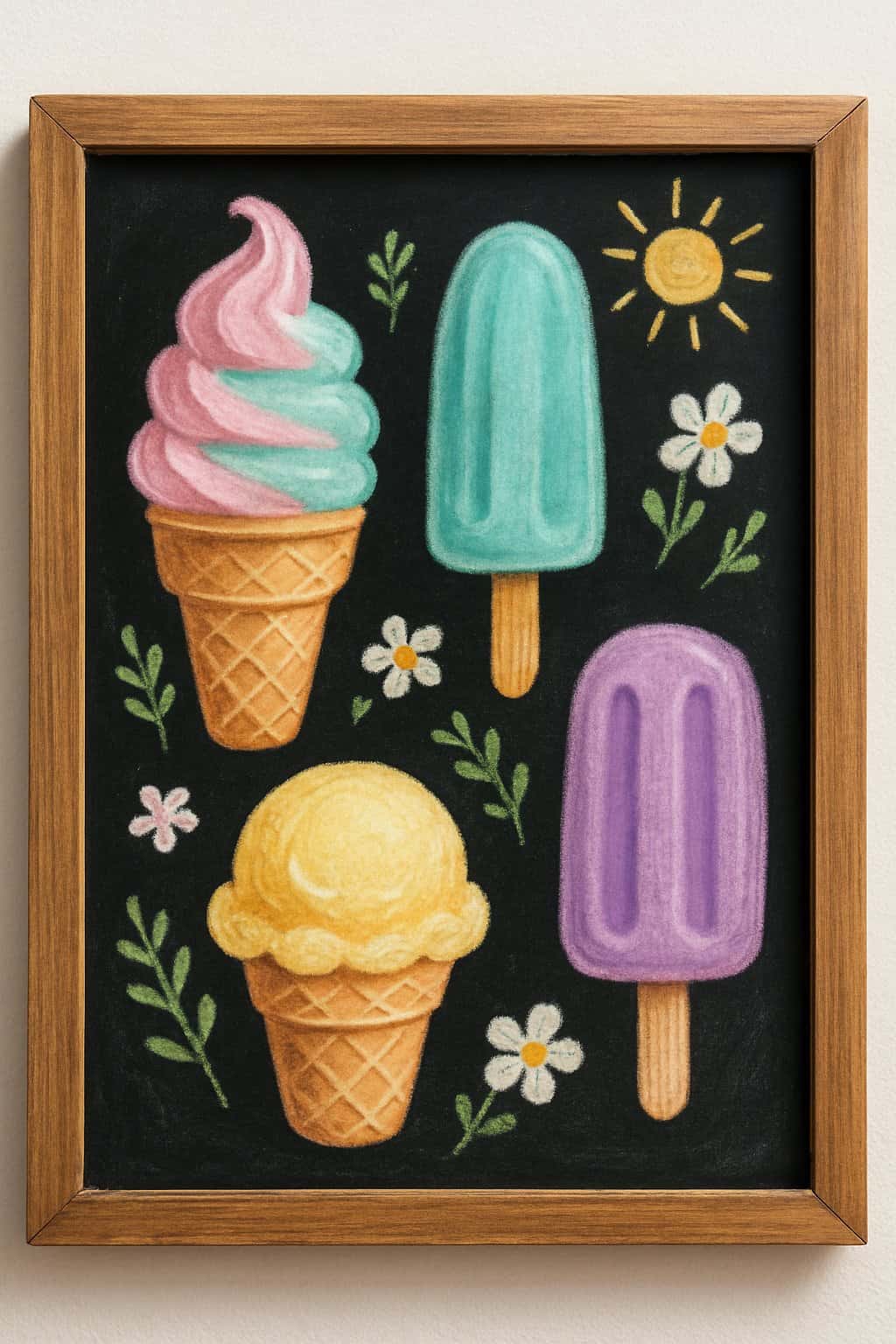 A wood framed chalkboard displaying colorful pastel ice cream illustrations with artistic chalk drawings and a clean background.