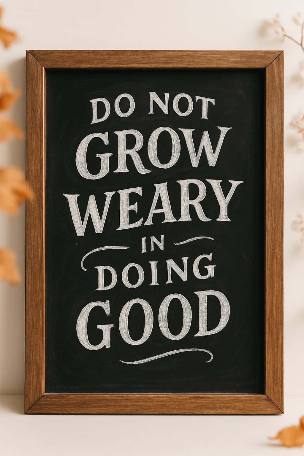 A wood framed chalkboard sign with hand drawn artistic lettering surrounded by soft seasonal decorations on a clean background.