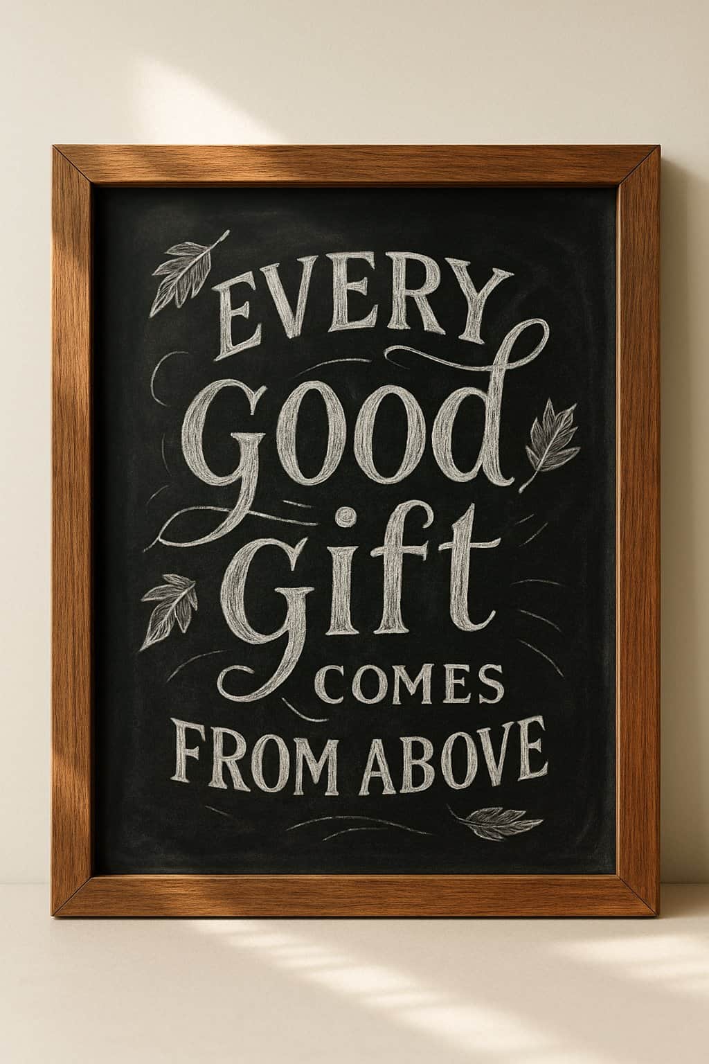A wood framed chalkboard sign with artistic hand lettering and seasonal decorations illuminated by natural light.