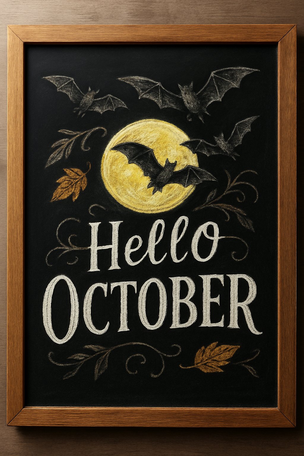 “Hello October” chalkboard design with bats flying past a yellow moon and sketched leaf flourishes in brown and gray chalk.