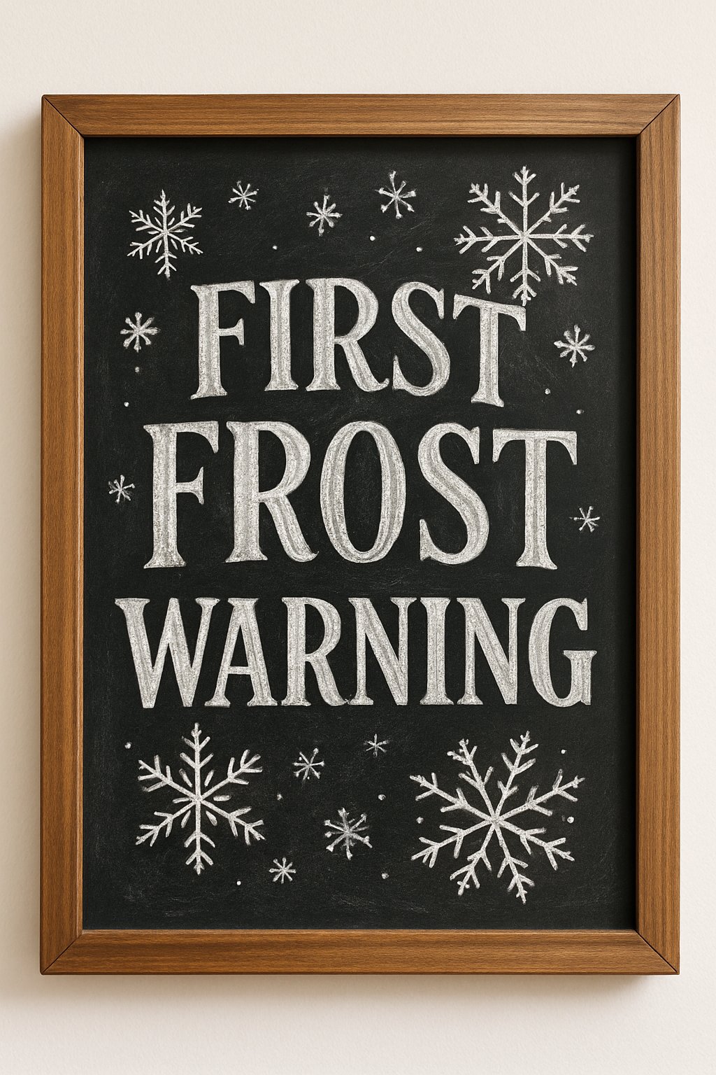 Framed chalkboard art reading “First Frost Warning” with white snowflakes drawn around the text in varying sizes and styles.