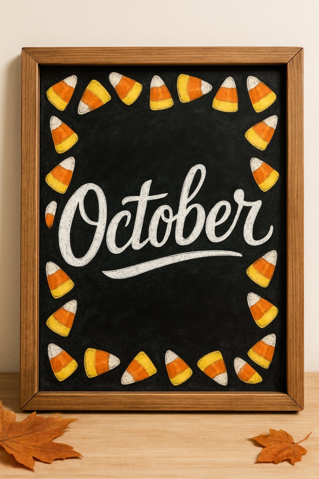 Framed chalkboard sign that reads “October,” surrounded by colorful candy corn illustrations in a looped border.