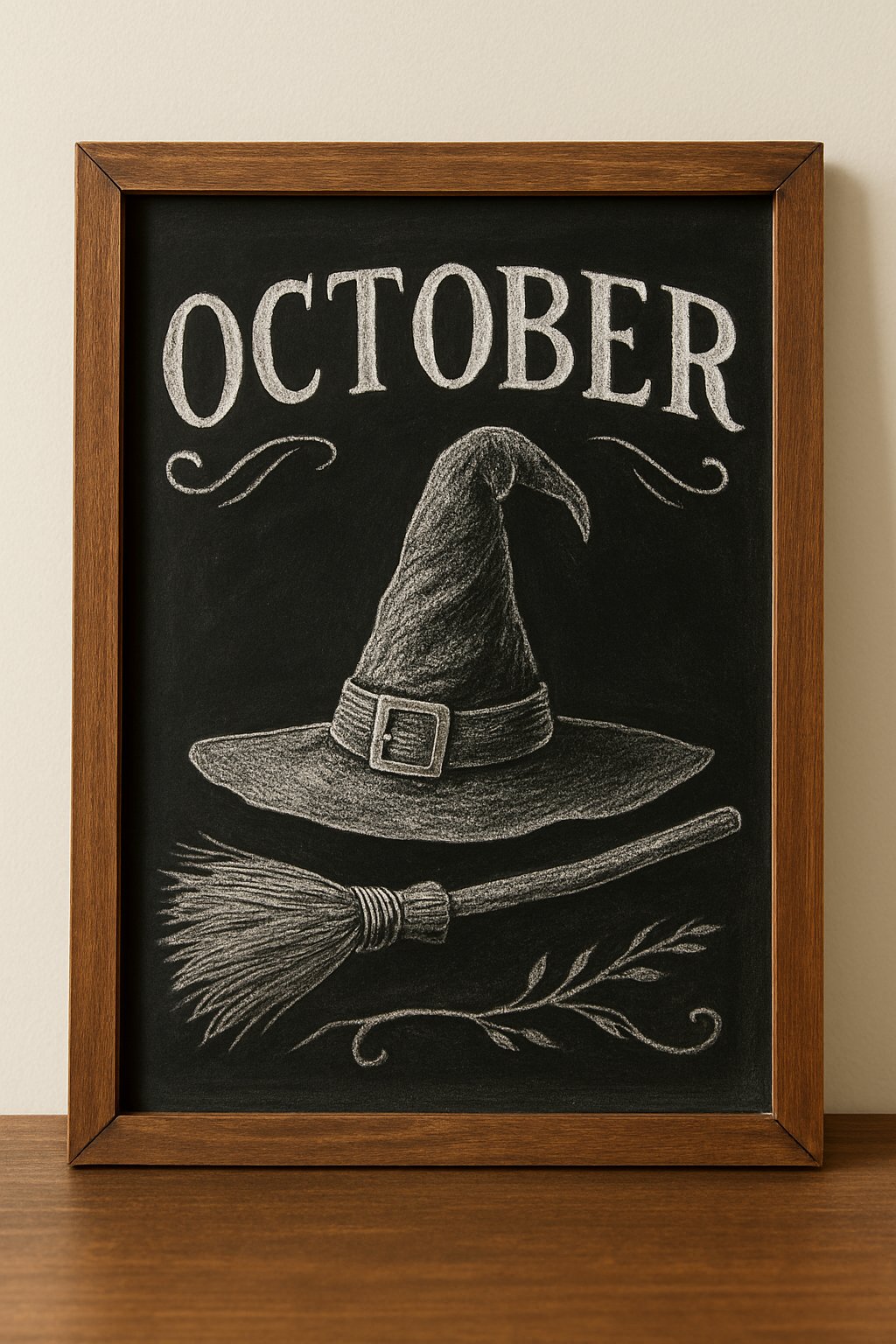 Chalk art featuring a witch’s hat and broomstick under the word “October,” surrounded by subtle chalk flourishes and leaves.