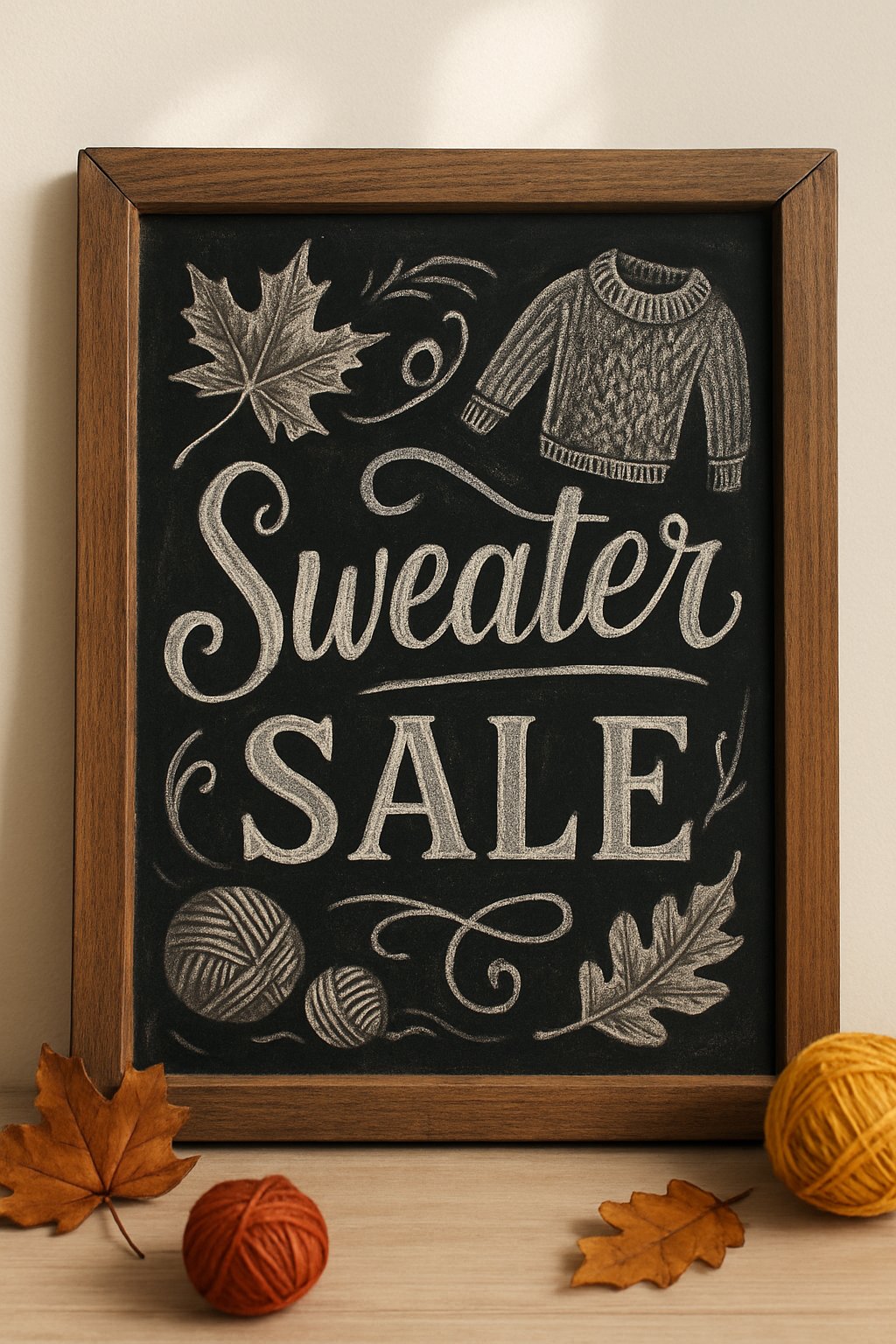 Sweater-themed chalkboard art featuring a cozy pullover, yarn, and swirling fall leaves surrounding the words “Sweater Sale.”