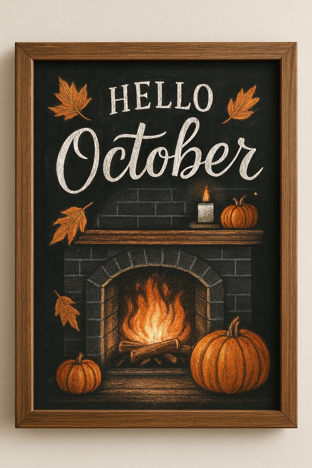 Hand-drawn chalk art of a fireplace surrounded by pumpkins and fall leaves, with “Hello October” written above.