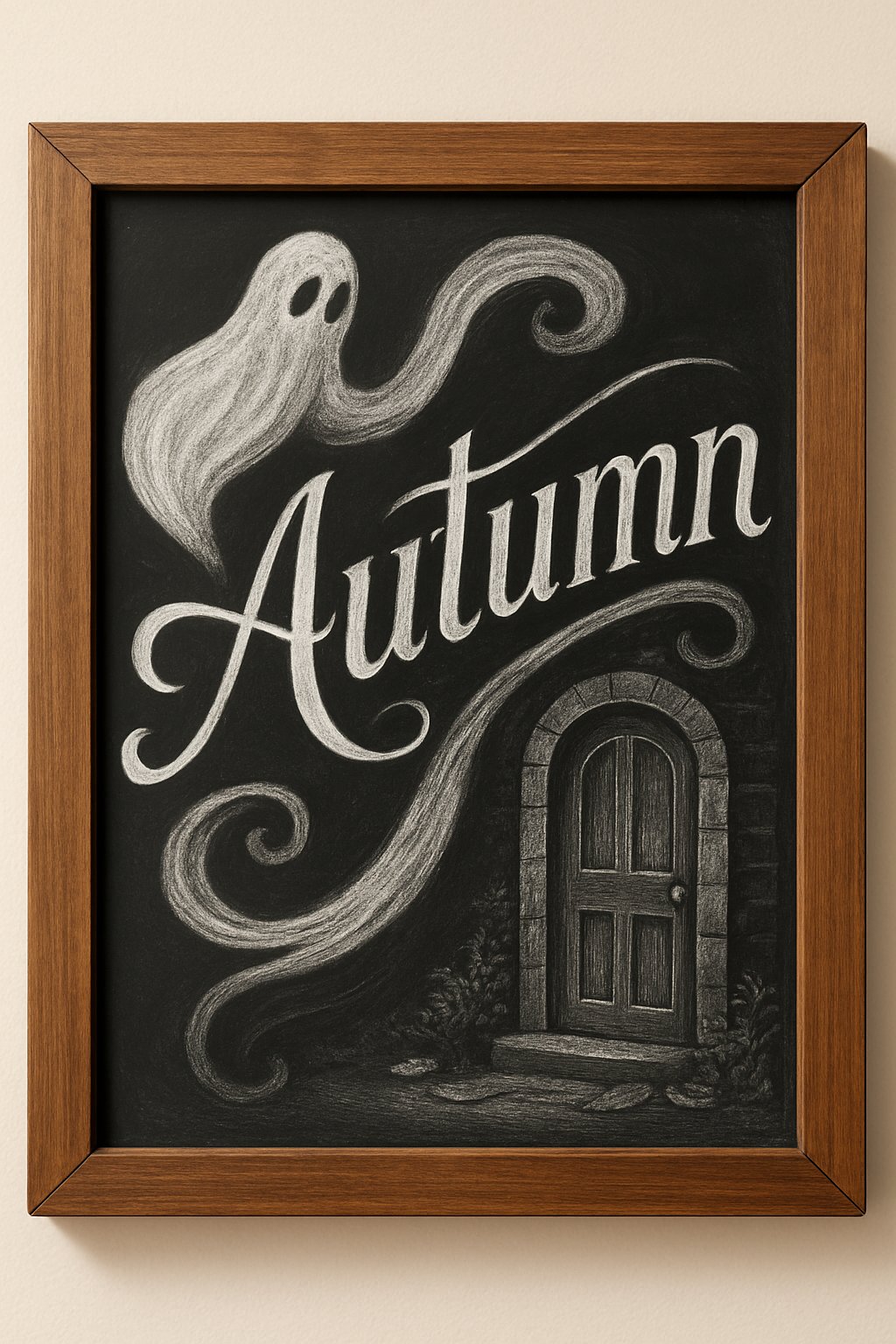 Black chalkboard featuring the word “Autumn,” a floating ghost illustration, and a small arched door drawn in chalk.