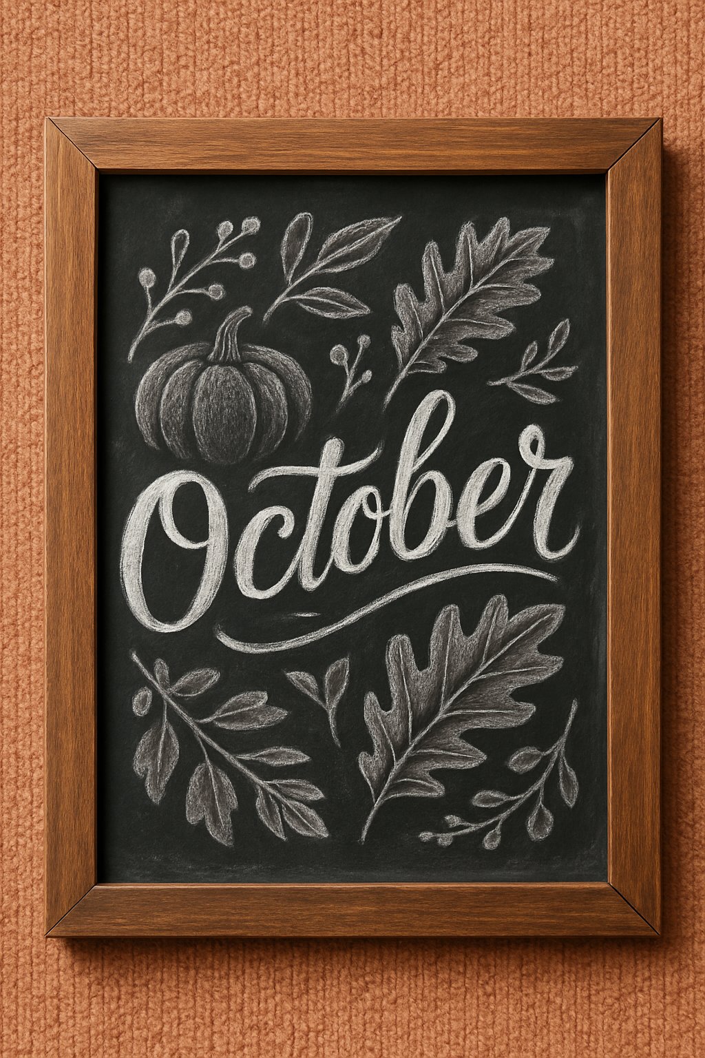 A framed chalkboard drawing with the word "October" in large script, surrounded by autumn leaves, branches, and a pumpkin, hanging on a textured brown wall.