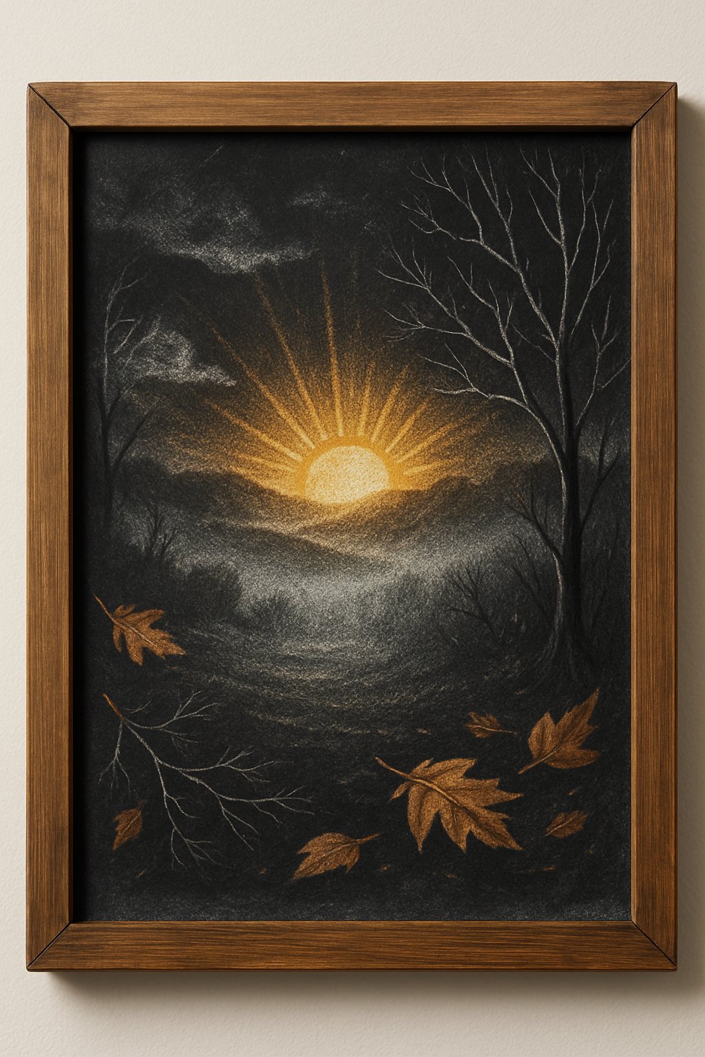 Chalkboard drawing of a barn and haystack in an October countryside setting, with deep shading and rustic detail.