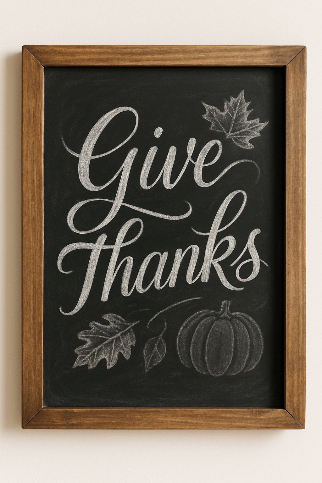 Chalkboard art reading “Give Thanks” in large cursive letters with leaf and pumpkin sketches on a black background.
