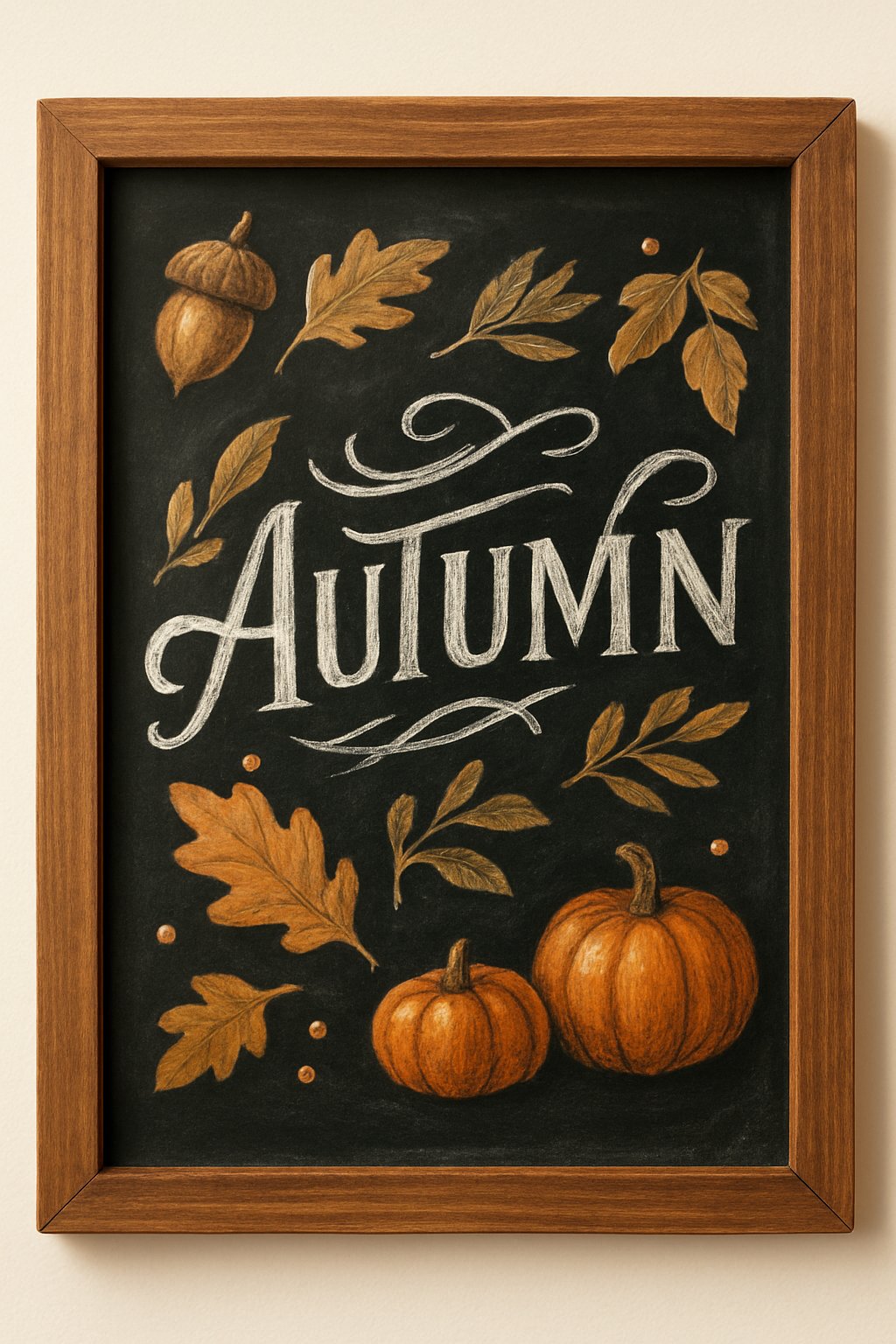 Hand-drawn “Autumn” chalkboard art with pumpkins, brown leaves, and acorns on a dark blackboard framed in wood.