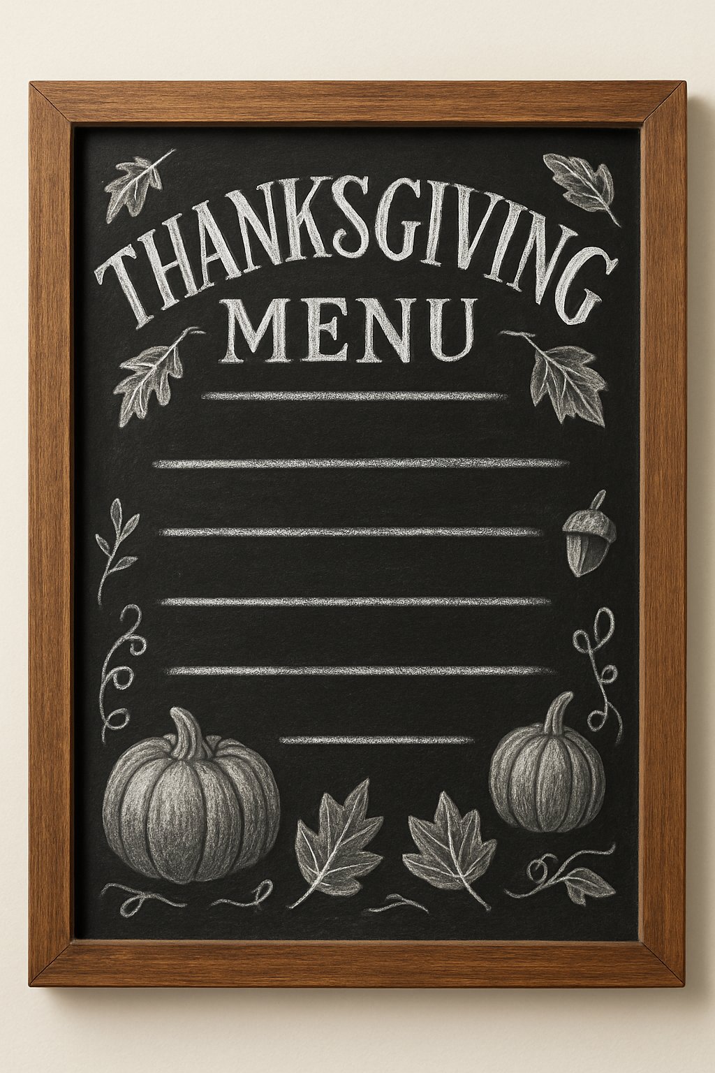 Decorative Thanksgiving menu board with outlined pumpkins and leaves, designed for hand-written meal listings.