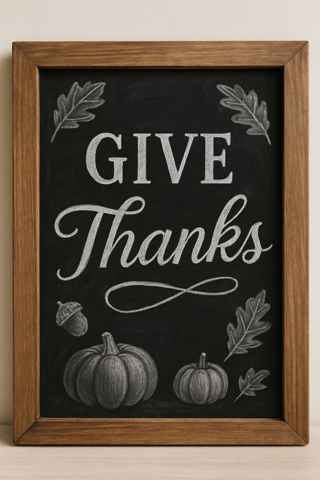 Hand-drawn Thanksgiving chalkboard with countdown grid and seasonal doodles like pumpkins, oak leaves, and acorns.