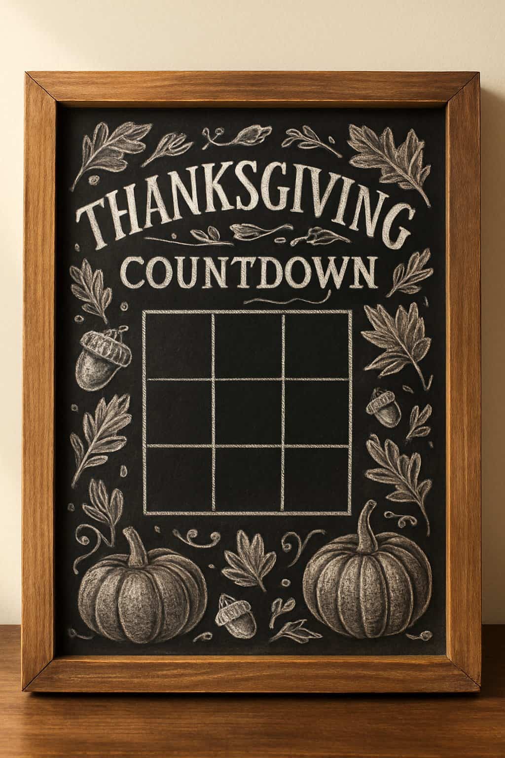 Chalkboard art with “Thanksgiving Countdown” text, a 3x3 grid, and surrounding fall leaves, pumpkins, and acorns.