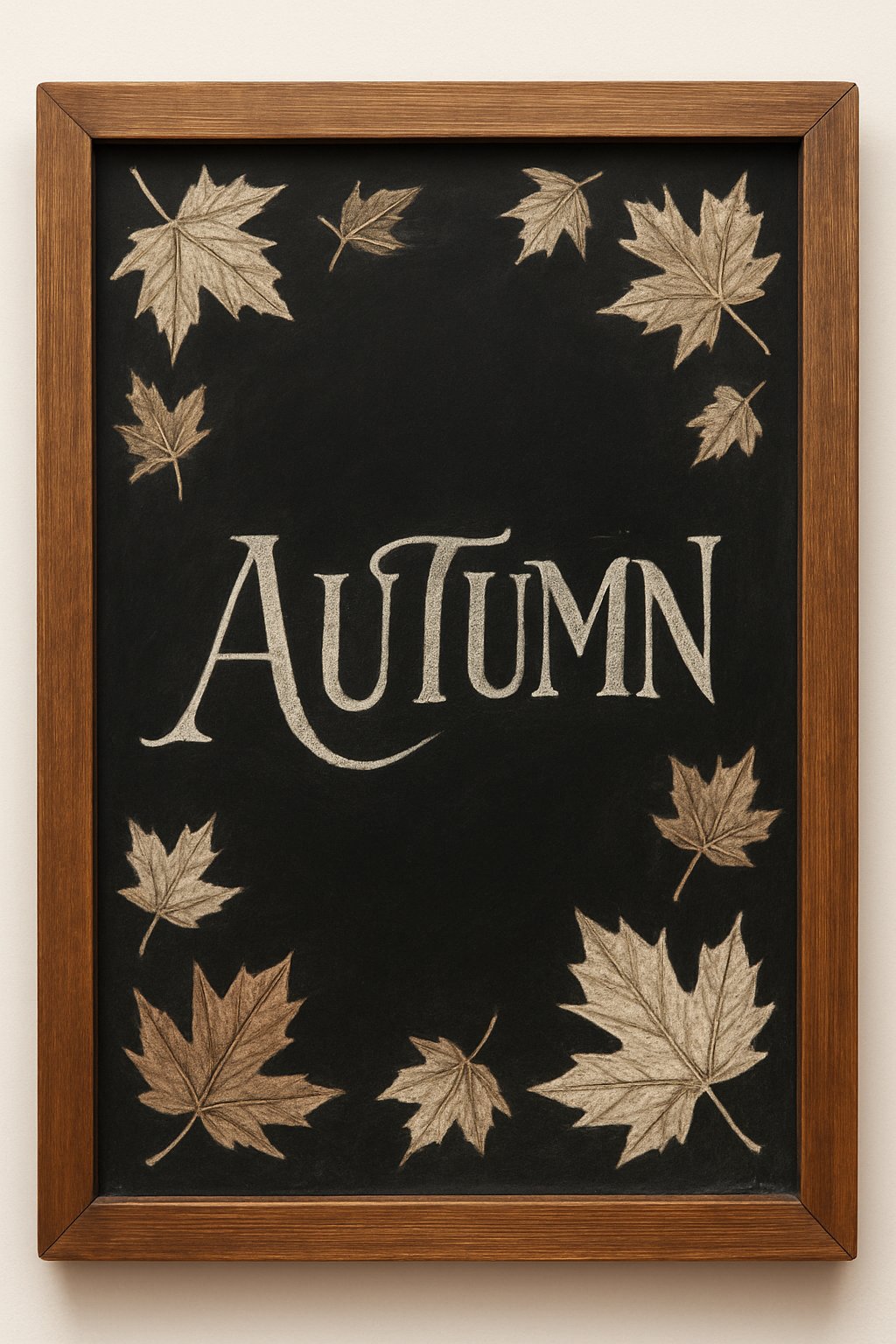 Minimalist chalkboard art featuring “Autumn” text with light brown maple leaves scattered around the border.