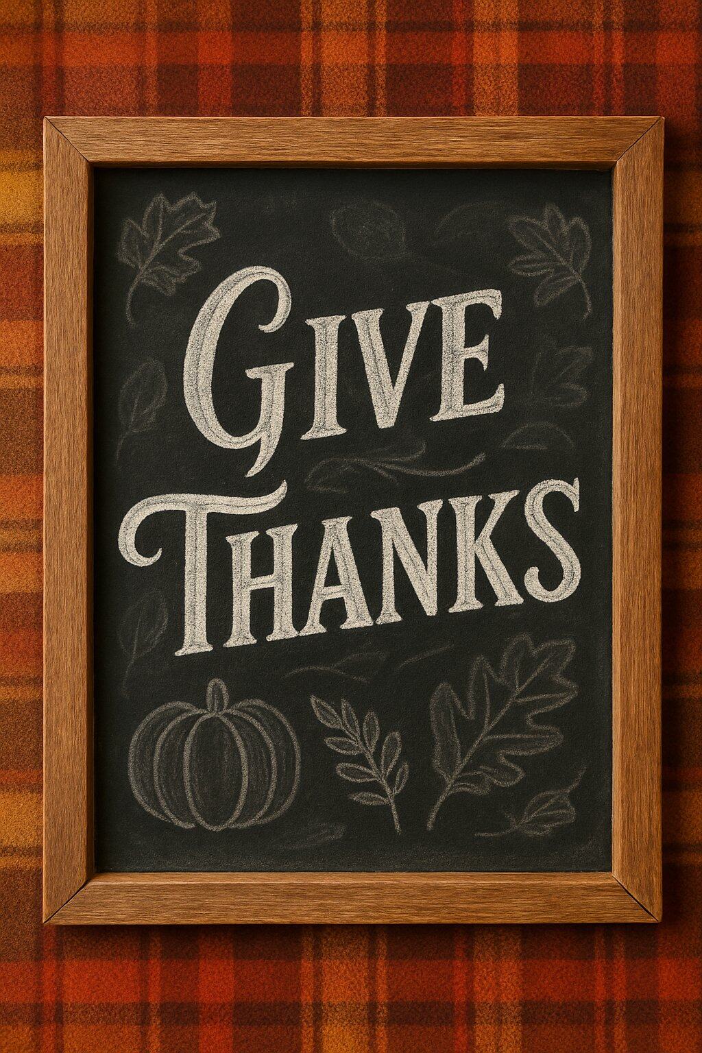 Chalkboard with bold “Give Thanks” lettering in white, decorated with softly drawn fall foliage and pumpkin sketches on a plaid wall.