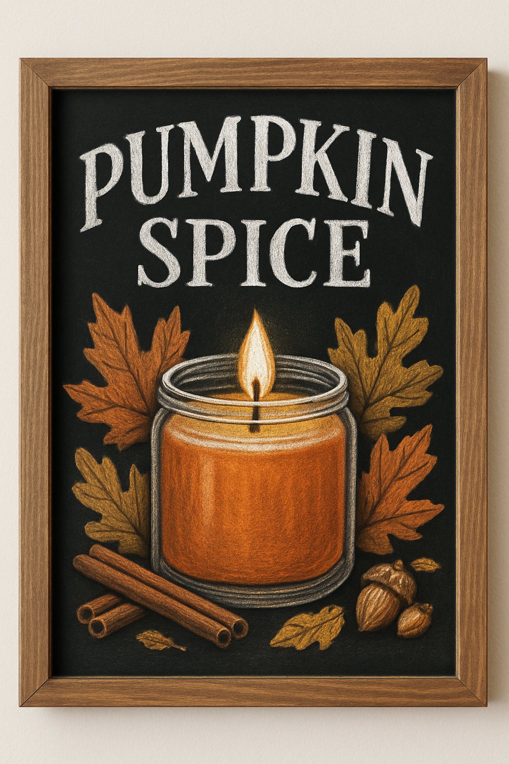 “Pumpkin Spice” chalkboard design with a glowing orange candle and surrounding autumn leaves and spices.