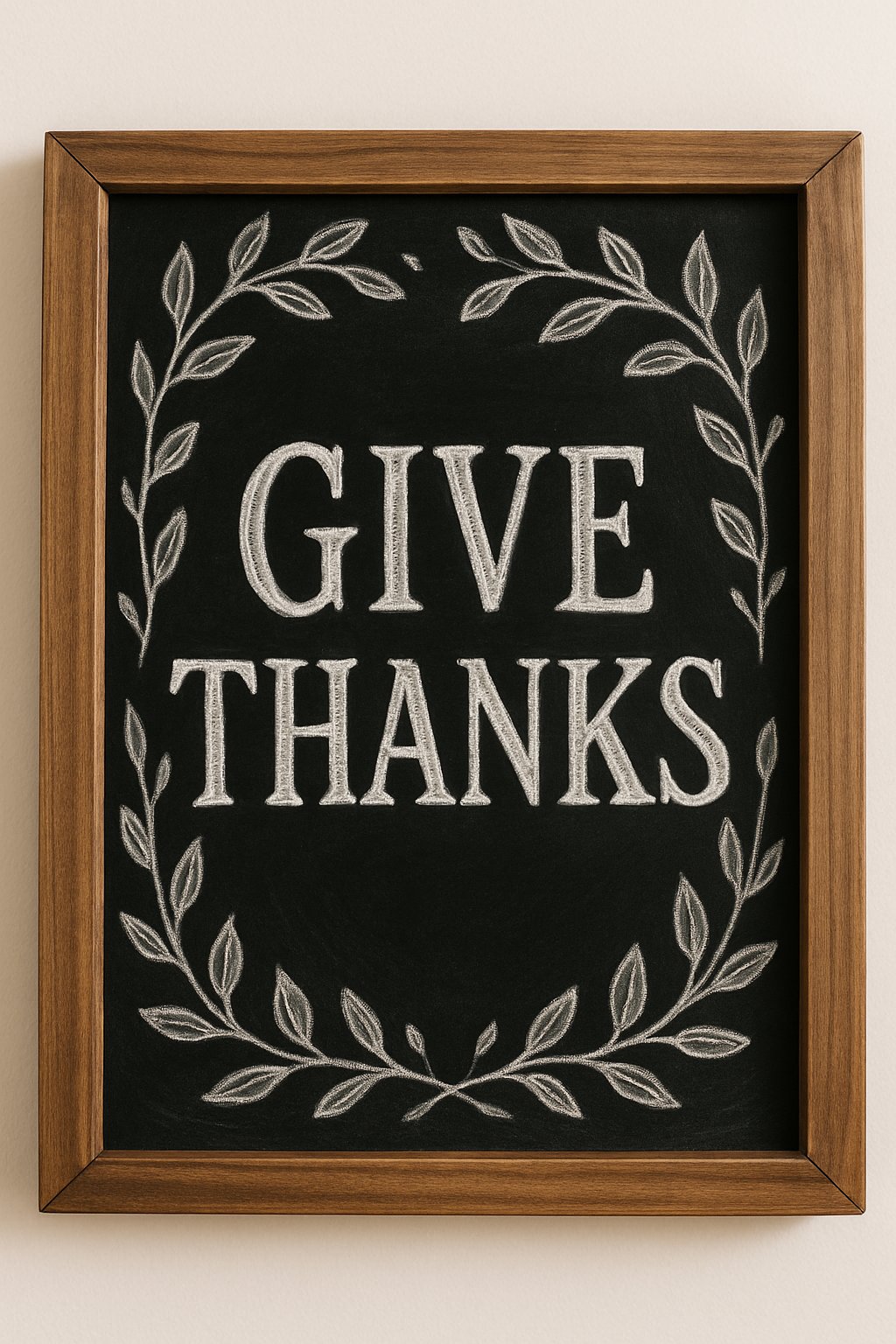 Framed chalkboard with “Give Thanks” written in block letters, encircled by a hand-drawn laurel wreath of chalk leaves.