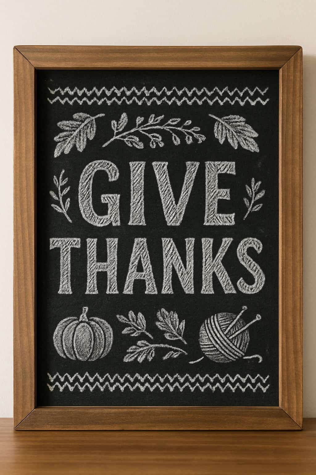 A wood framed chalkboard sign with artistic lettering surrounded by autumn leaves and pumpkins.
