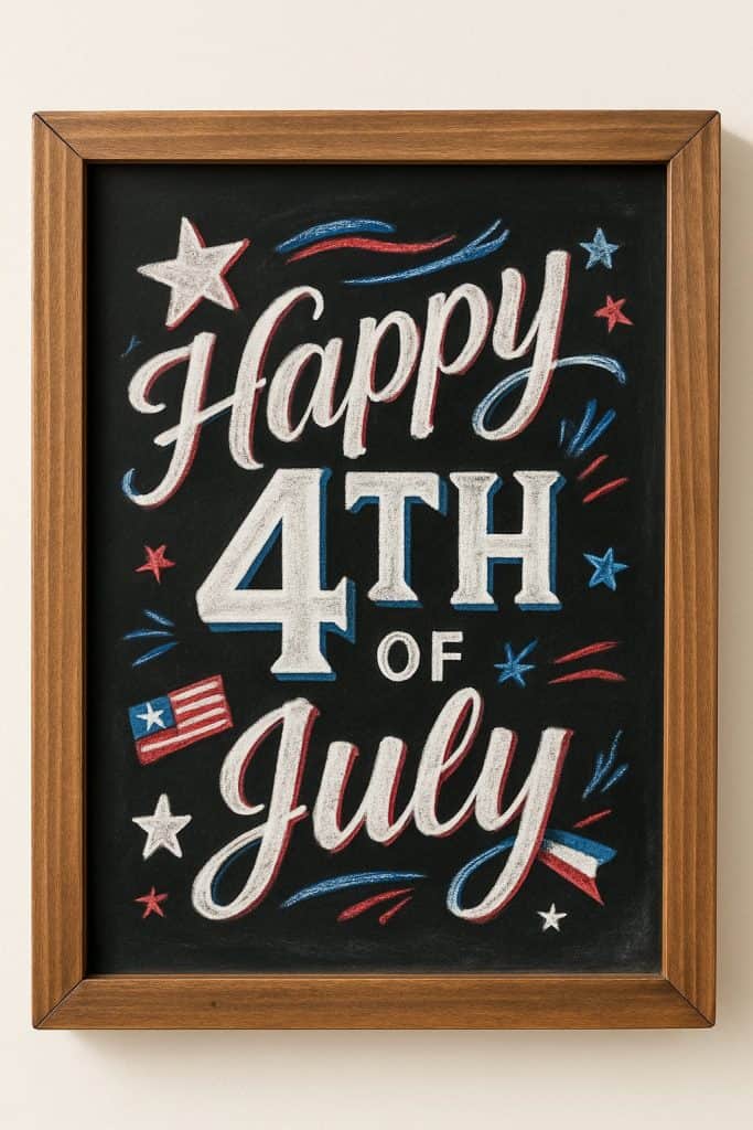 Framed chalkboard art with “Happy 4th of July” written in red, white, and blue, decorated with stars, an American flag, and festive swirls.