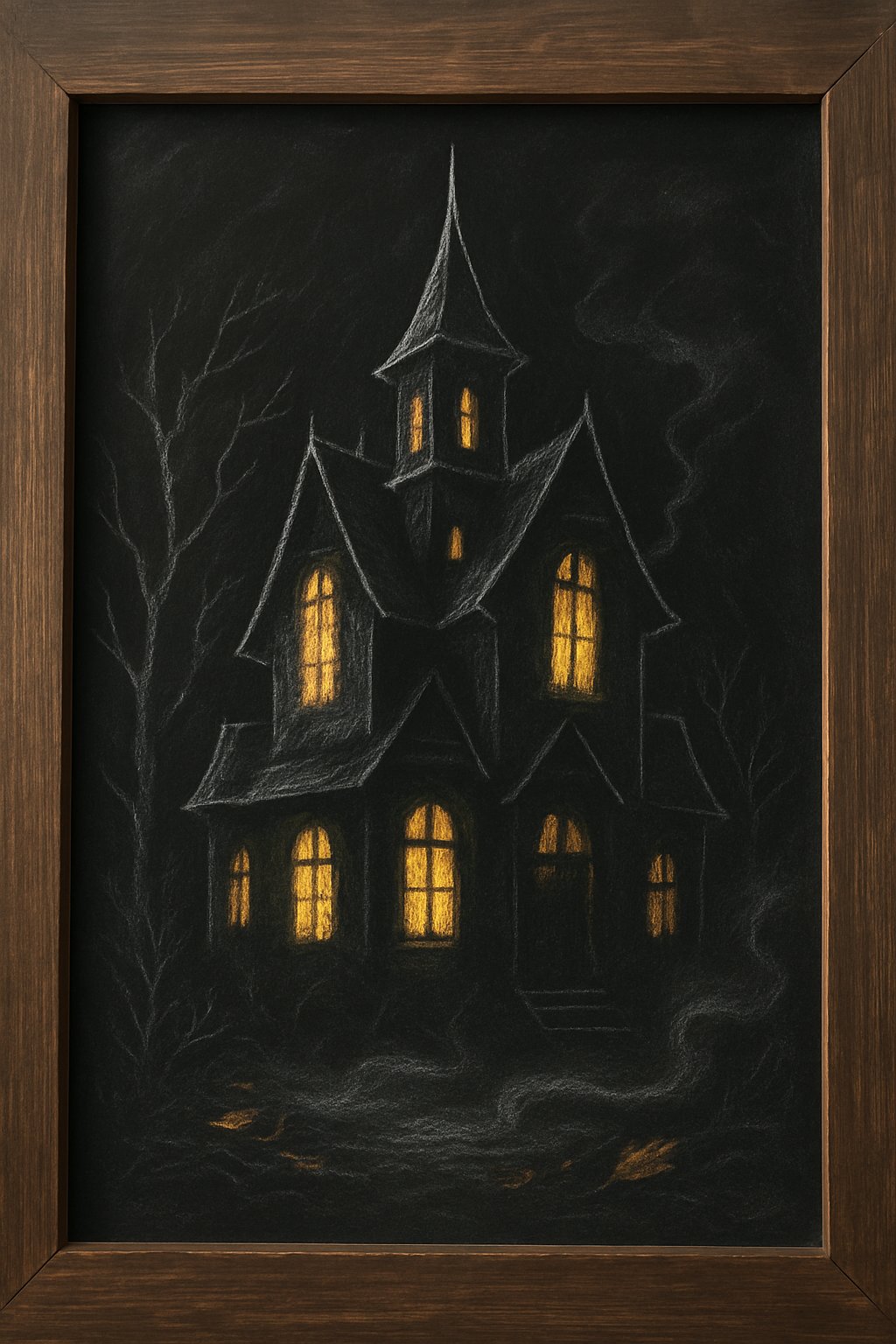 Spooky chalk art showing a gothic-style haunted house with glowing windows and swirling fog on black.