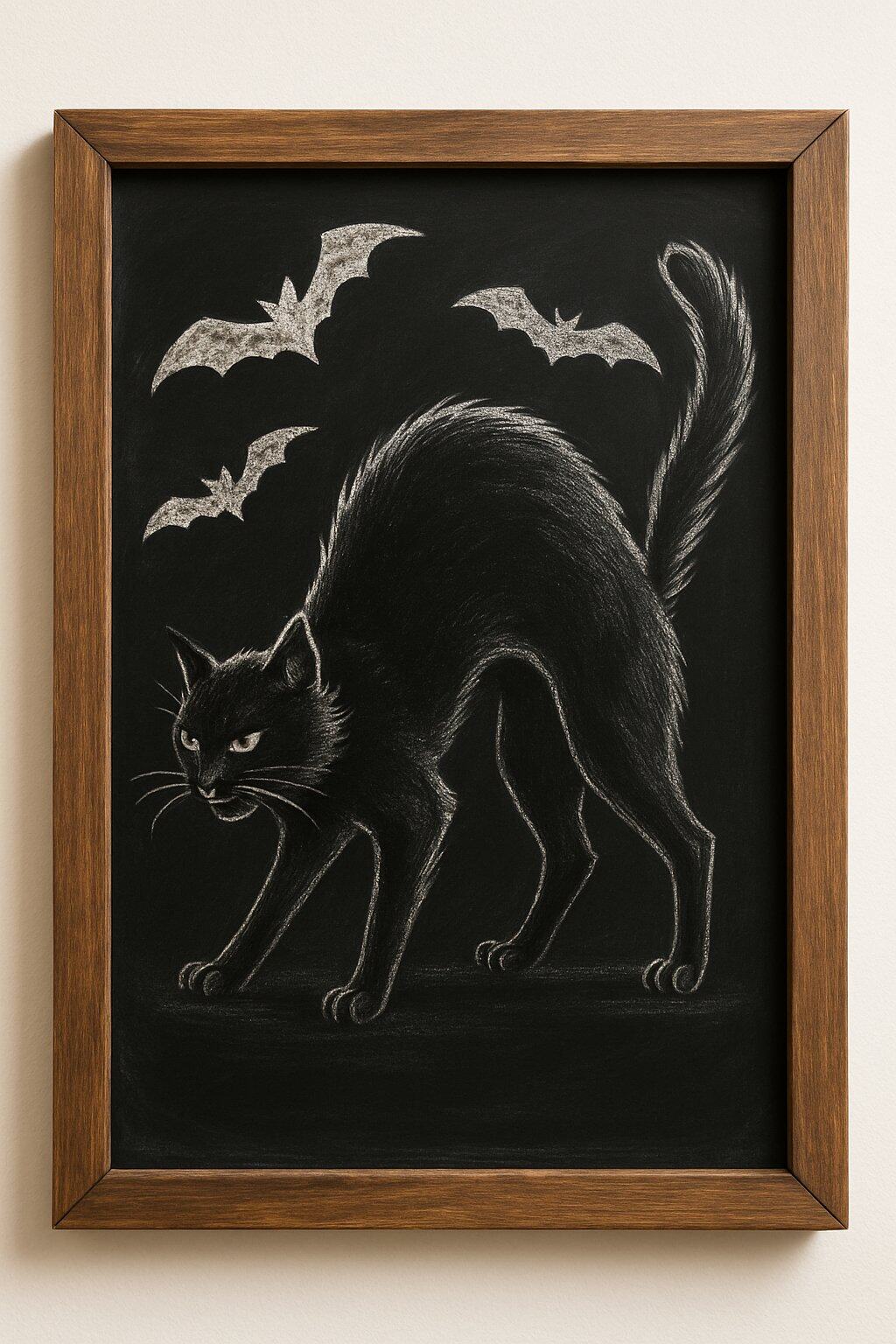 Hand-drawn chalk illustration of a scared black cat and bats on a blackboard.
