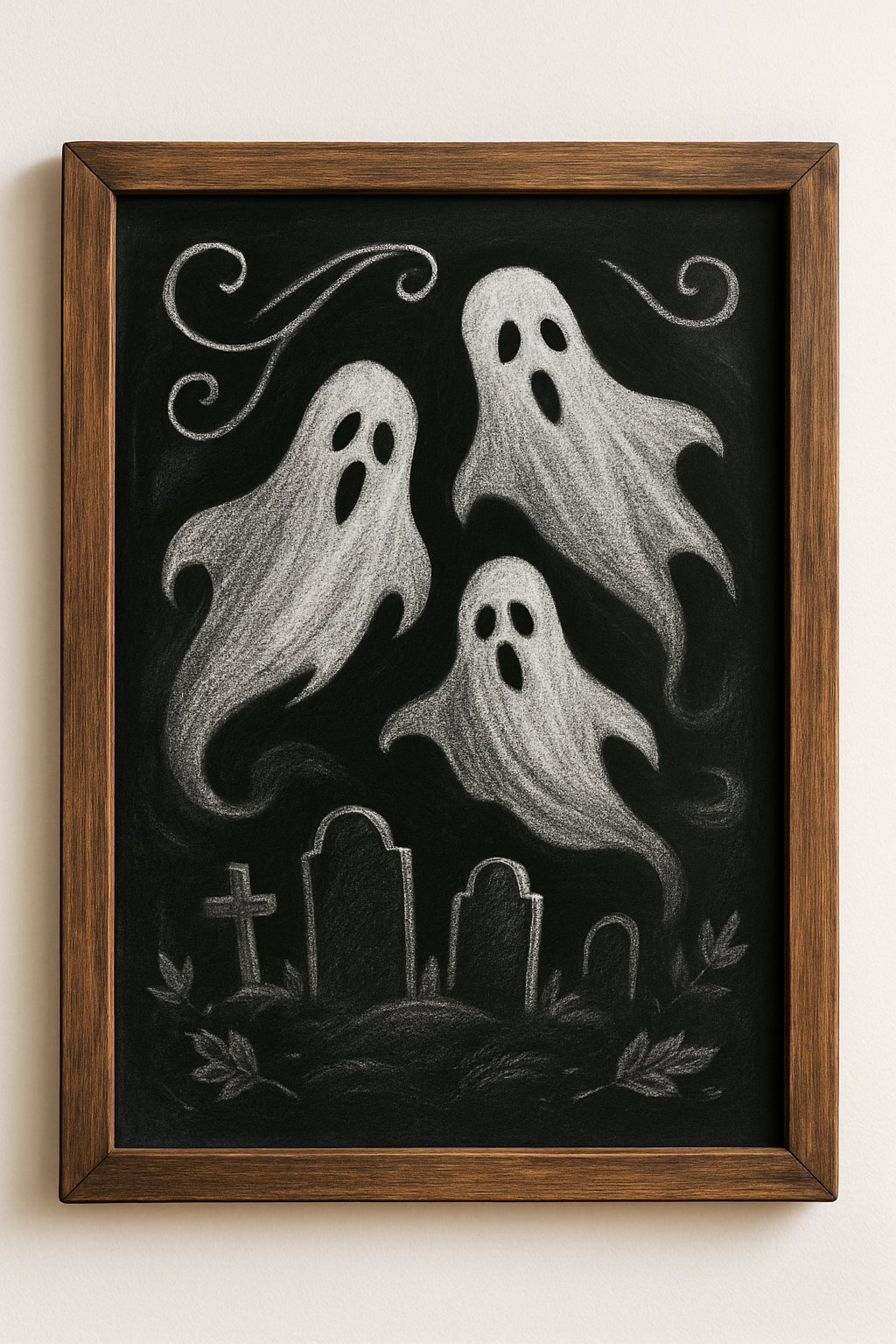 Hand-drawn chalk ghosts hovering over gravestones with swirling accents on a blackboard.