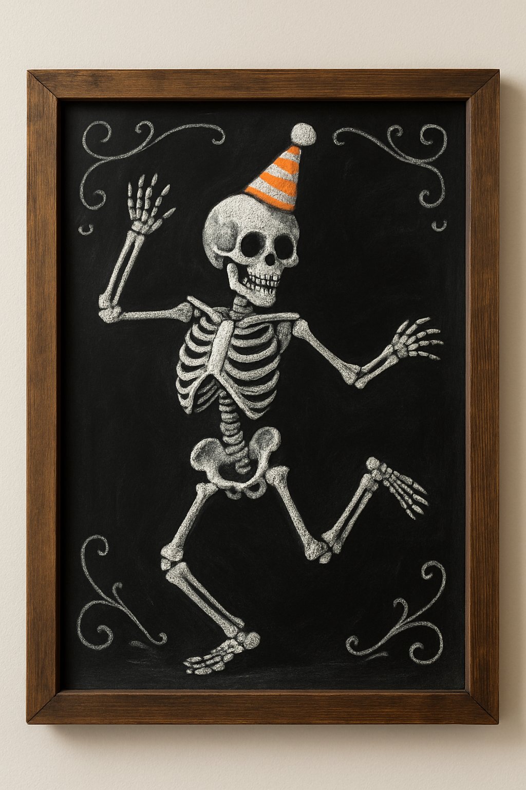 Spooky chalkboard art showing a joyful skeleton wearing a striped party hat and dancing.