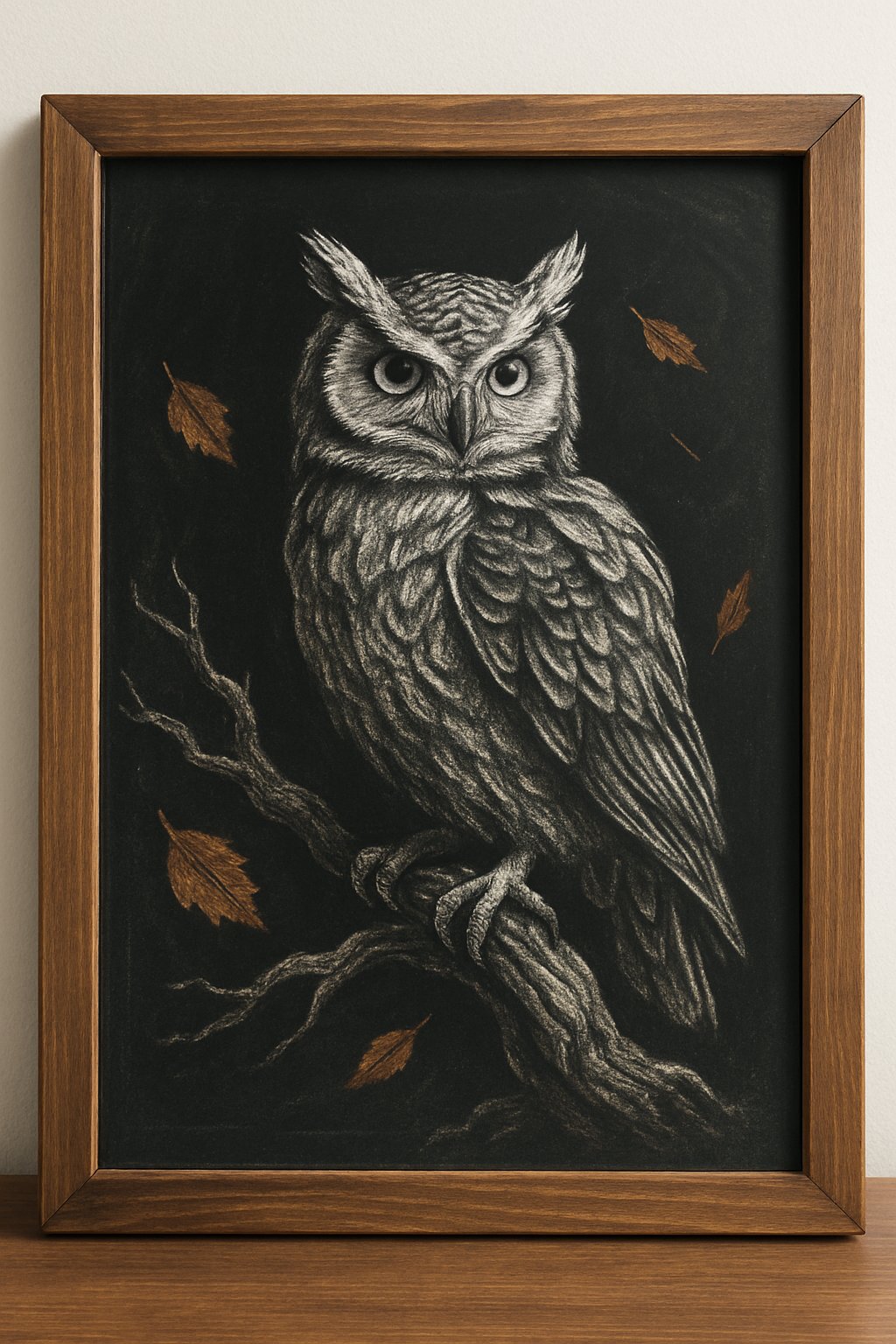 Hand-drawn chalk art of a wide-eyed owl sitting on a tree branch with scattered leaves.