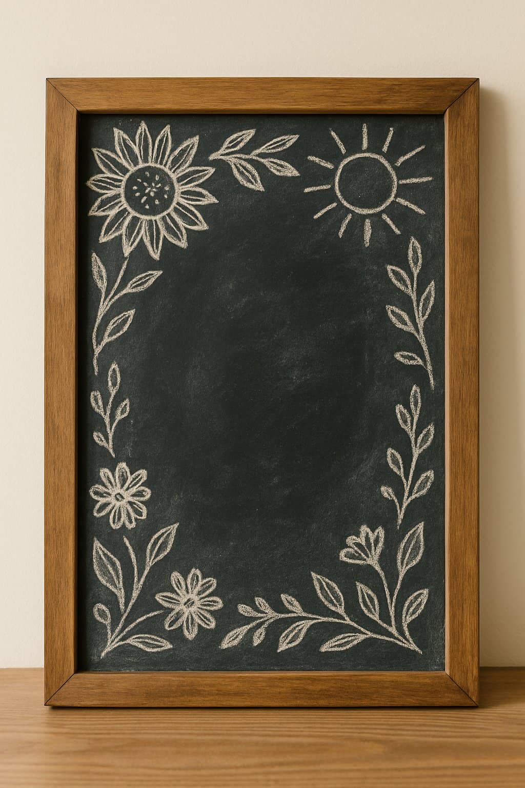 A wood framed chalkboard sign displayed against a plain background with natural light illuminating its surface.