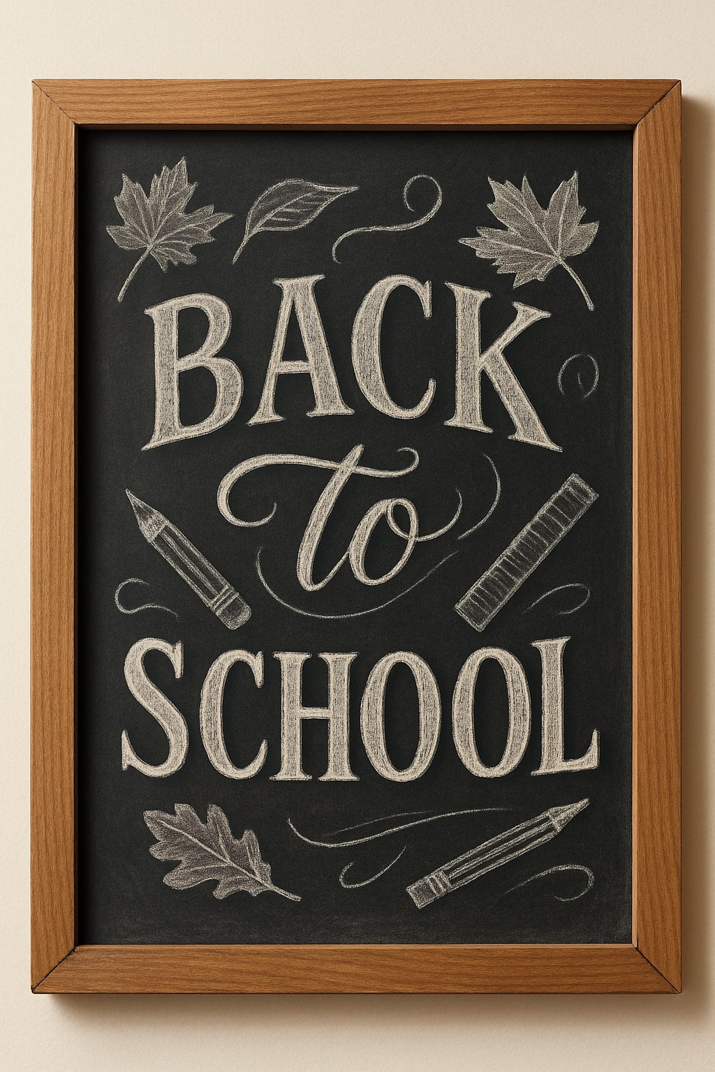 A wooden framed chalkboard with artistic hand-drawn lettering and seasonal school-themed decorations on a clean background.