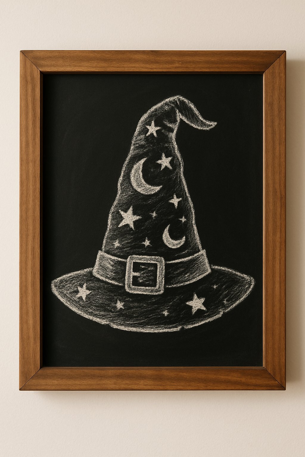 Hand-drawn chalk witch hat with moons and stars in a vintage blackboard style.