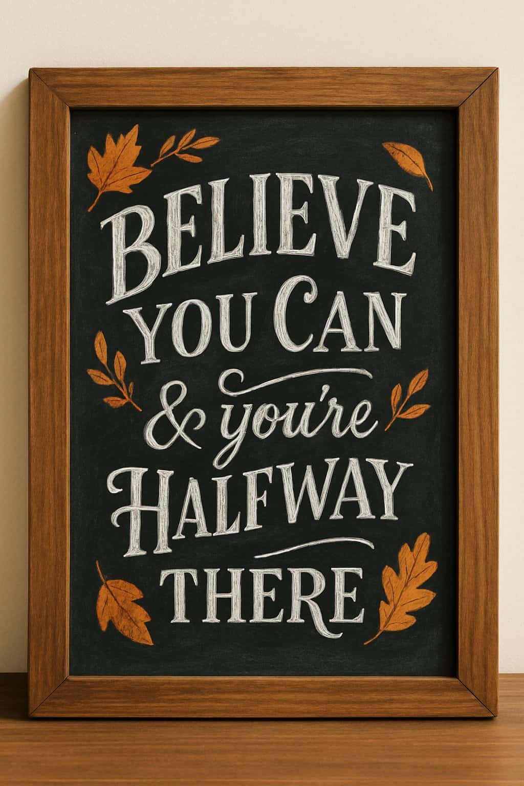 A wood framed chalkboard sign with artistic lettering and seasonal decorations on a clean background.