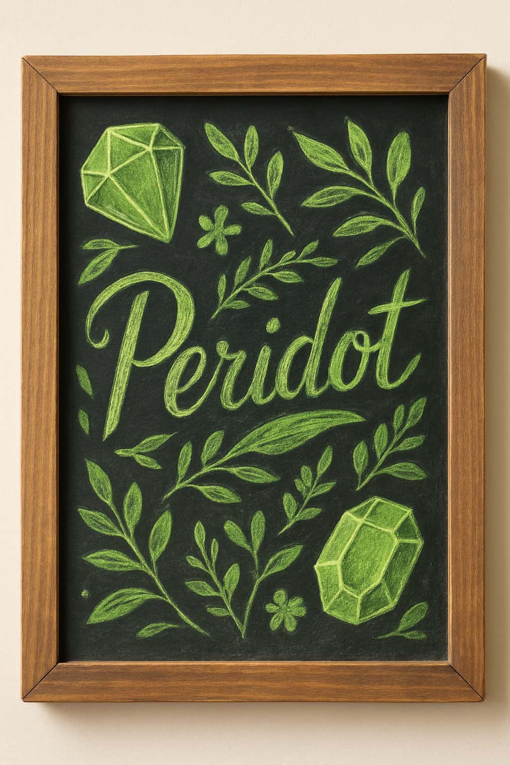 A wood framed chalkboard sign featuring artistic chalk drawings of green gemstones and leaves, set against a clean background with soft natural light.