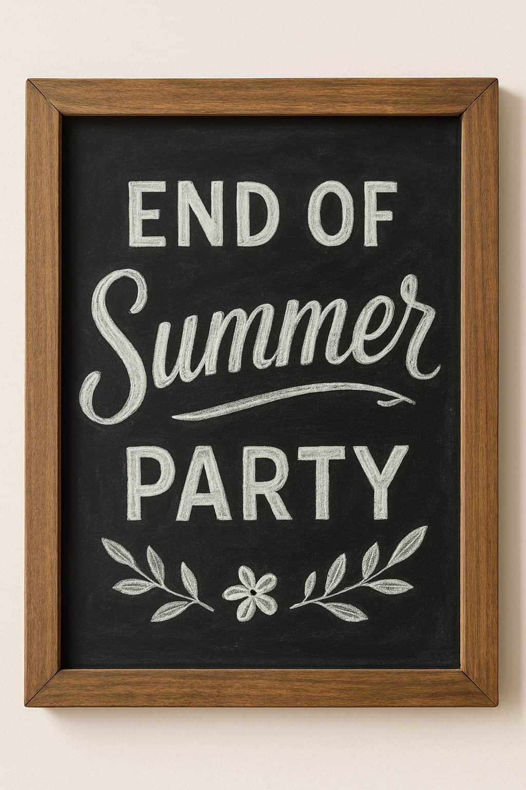 A wood framed chalkboard sign with artistic lettering and decorative accents, displayed against a clean background.