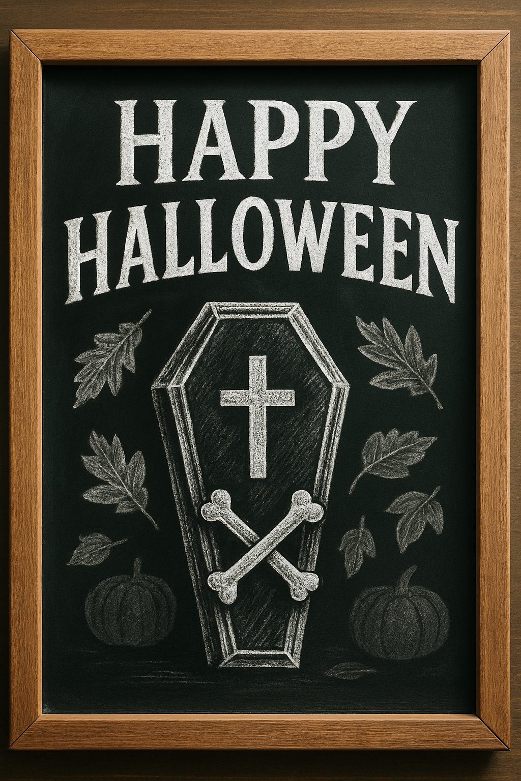 Hand-drawn chalkboard art with Halloween text, a coffin illustration, crossed bones, and fall decorations.