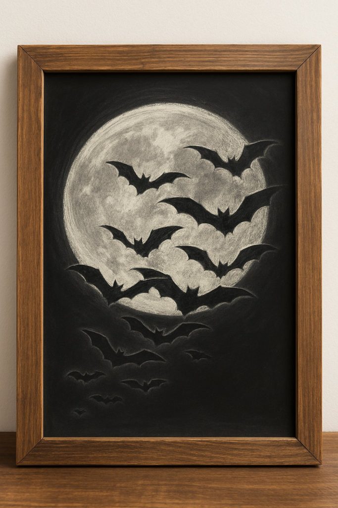 A framed artwork shows a full moon in the background with a group of bats flying in front of it, silhouetted against the moonlight, rendered in black and white chalk or pencil on dark paper.