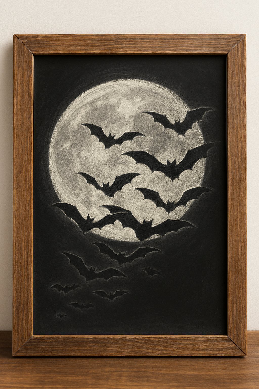 Chalkboard art of a full moon with groups of black bats flying across it in a dark night sky.
