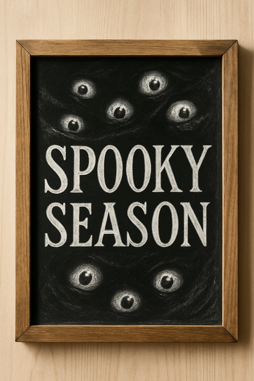 Hand-drawn spooky chalk sign with glowing cartoon eyes and bold “Spooky Season” lettering.