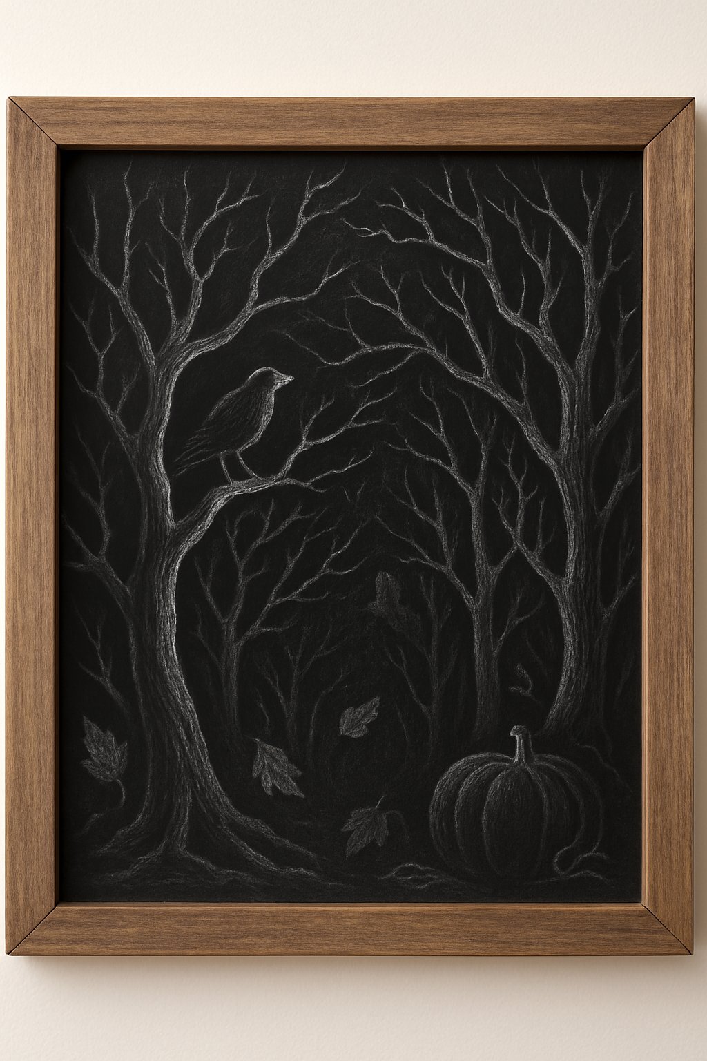Hand-drawn chalkboard scene of a crow in a bare forest with scattered leaves and a pumpkin.