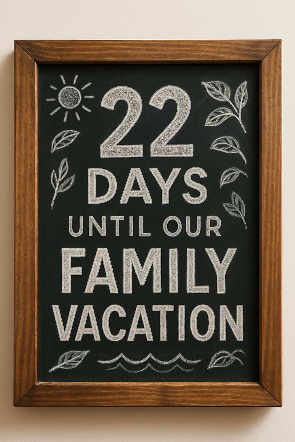 A wood-framed chalkboard sign with artistic hand-lettered lettering and summer-themed decorative elements around the frame.