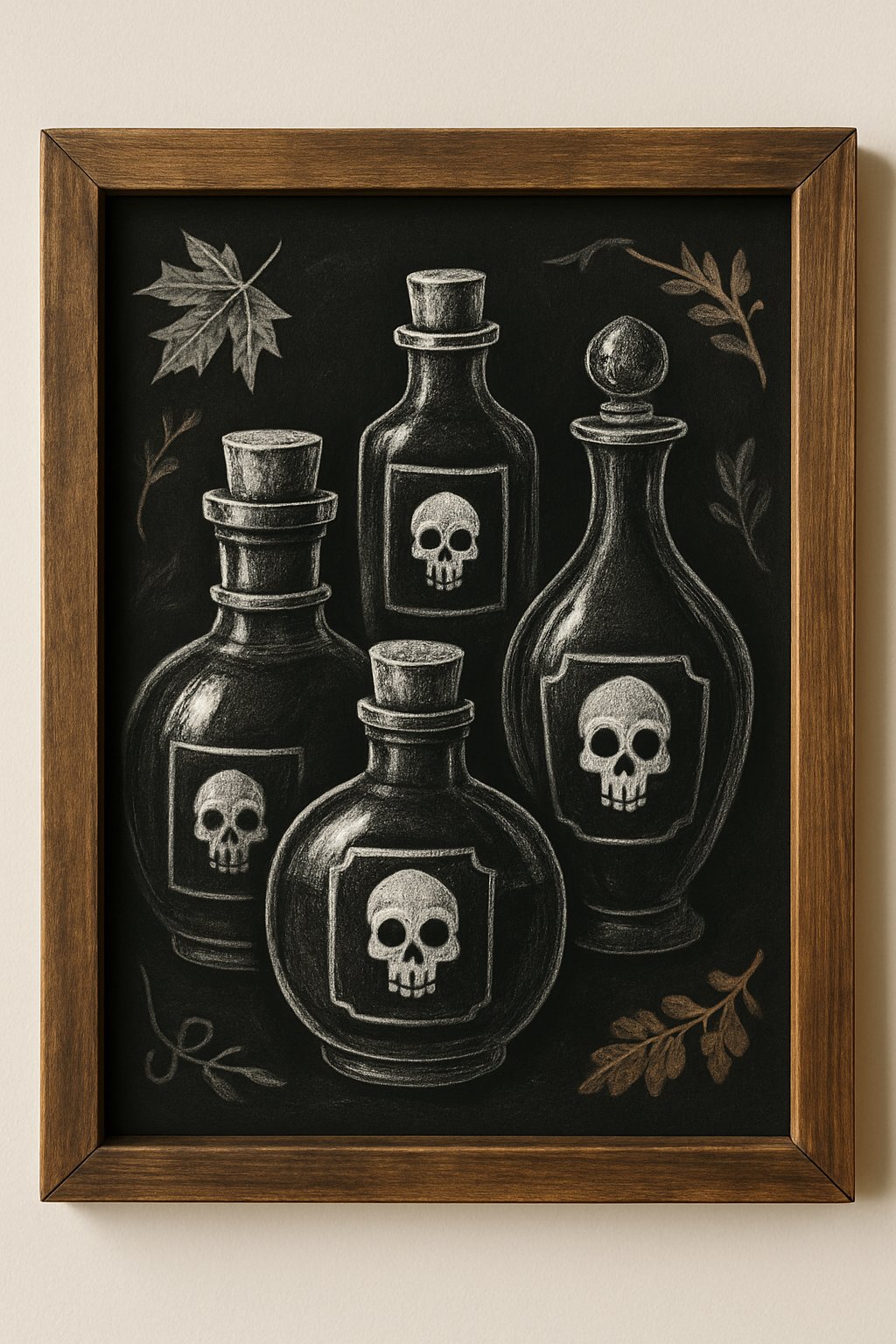 Spooky chalk drawing of assorted potion bottles labeled with skulls, framed by chalk leaves.