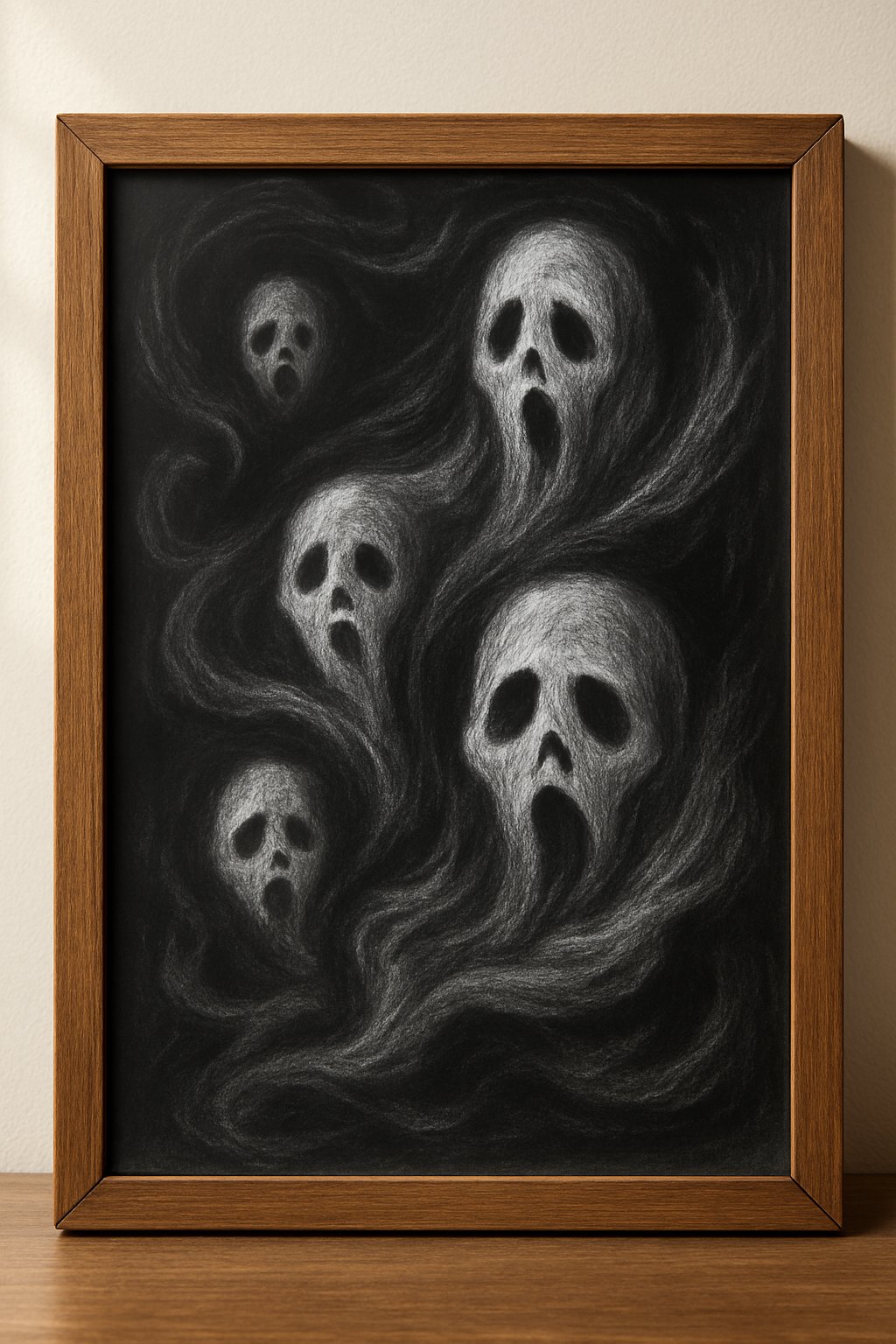 Spooky chalk drawing of haunted faces drifting in ghostly swirls on a black background.