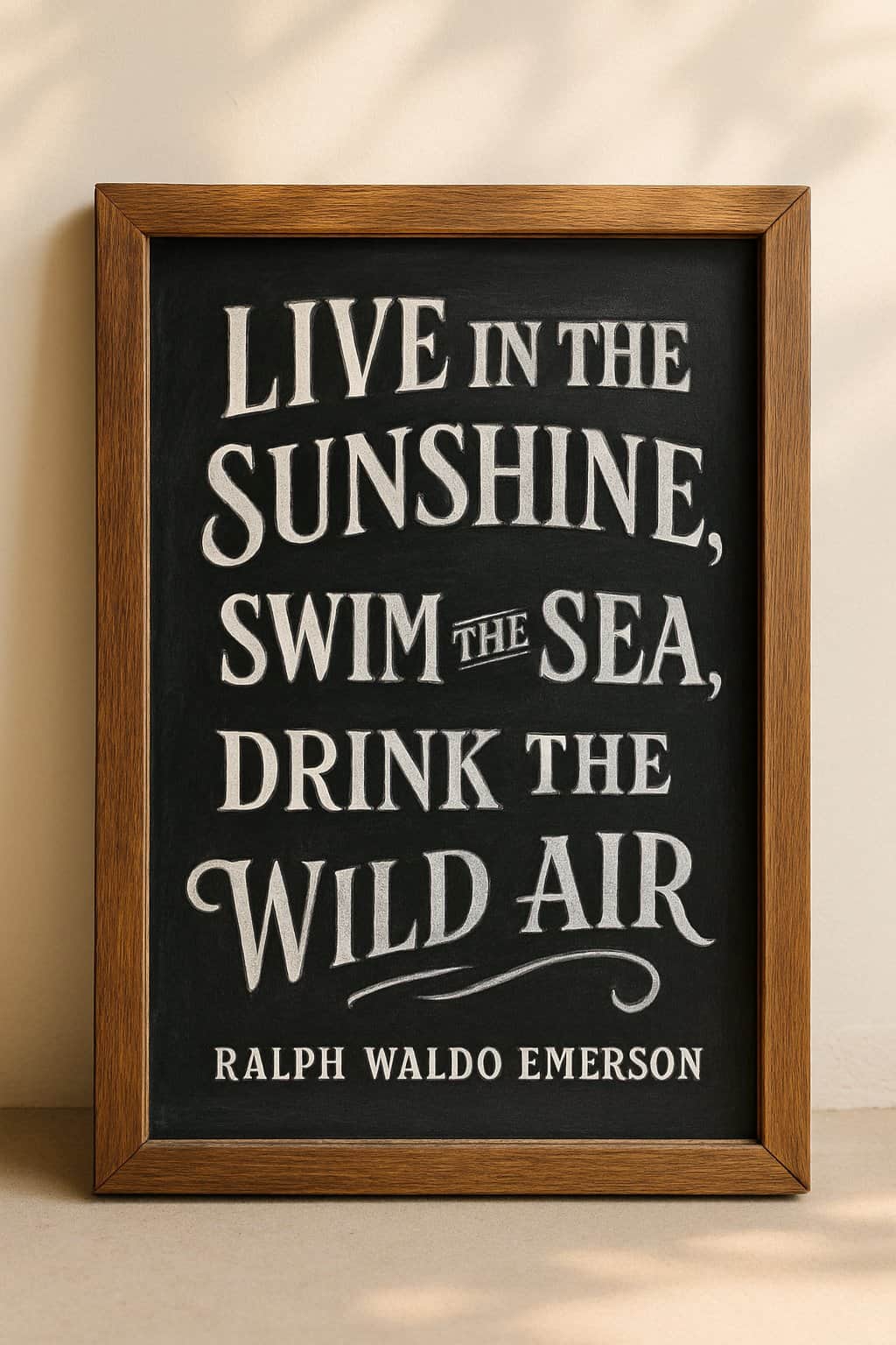 A wooden framed chalkboard sign with artistic chalk lettering displayed against a clean background with natural light.