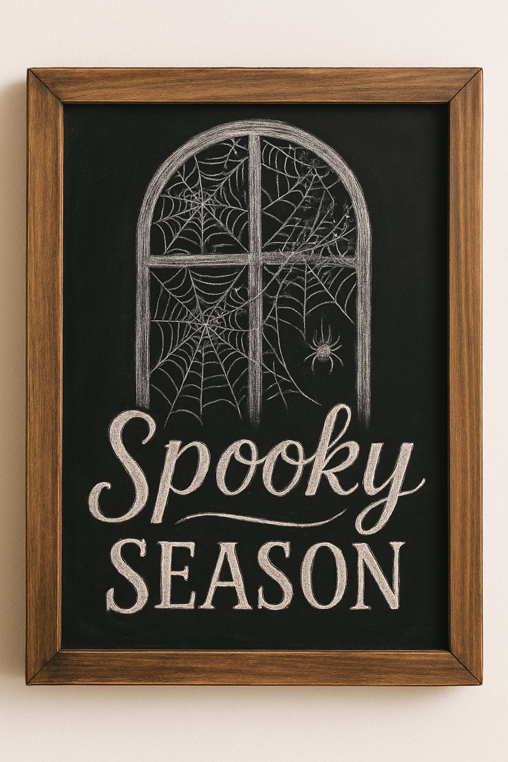 Chalkboard art with “Spooky Season” text under a window filled with spiderwebs and a single chalk-drawn spider.