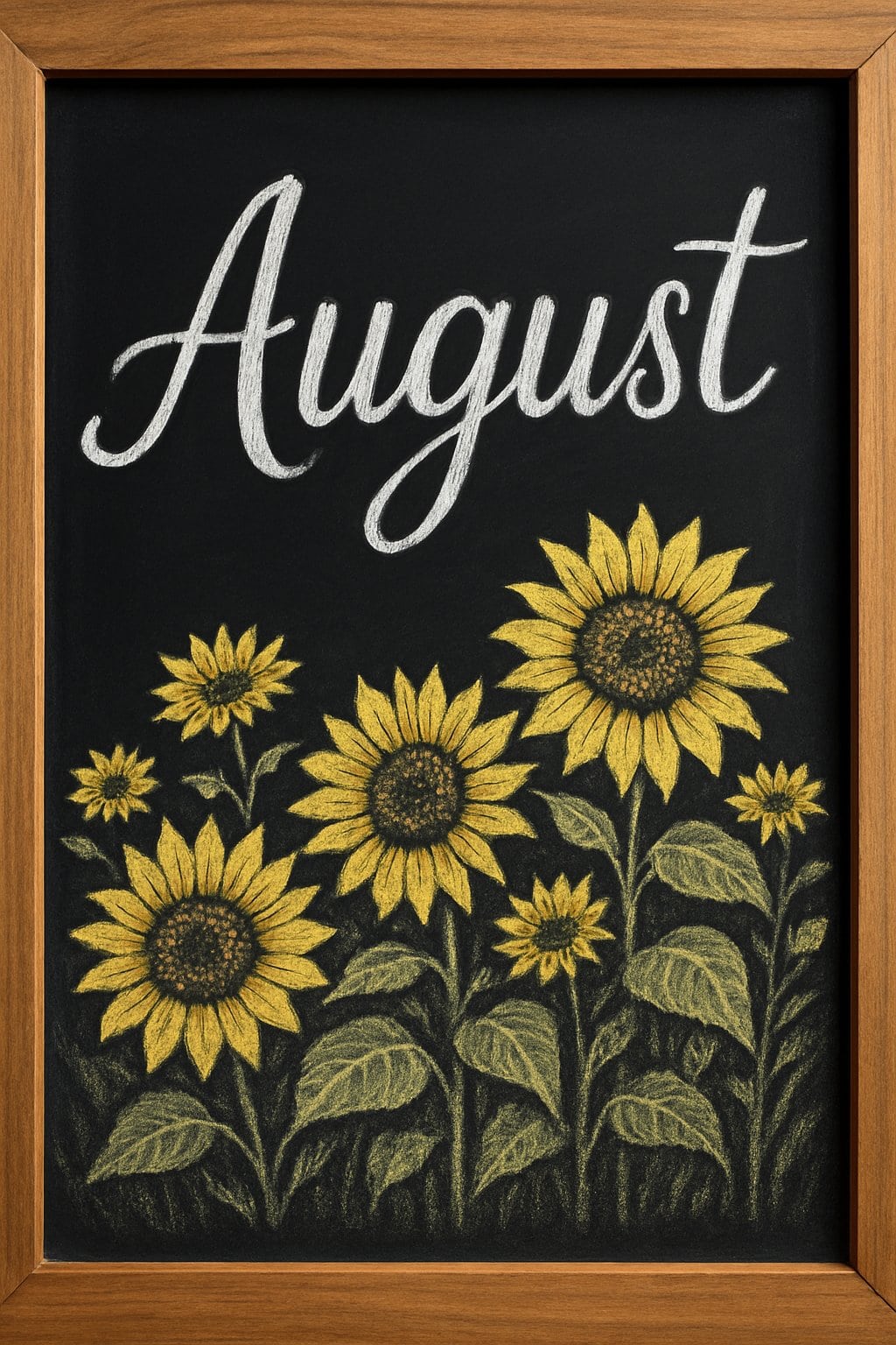 A wooden framed chalkboard sign displaying a detailed chalk drawing of a sunflower field with sunflowers in full bloom.