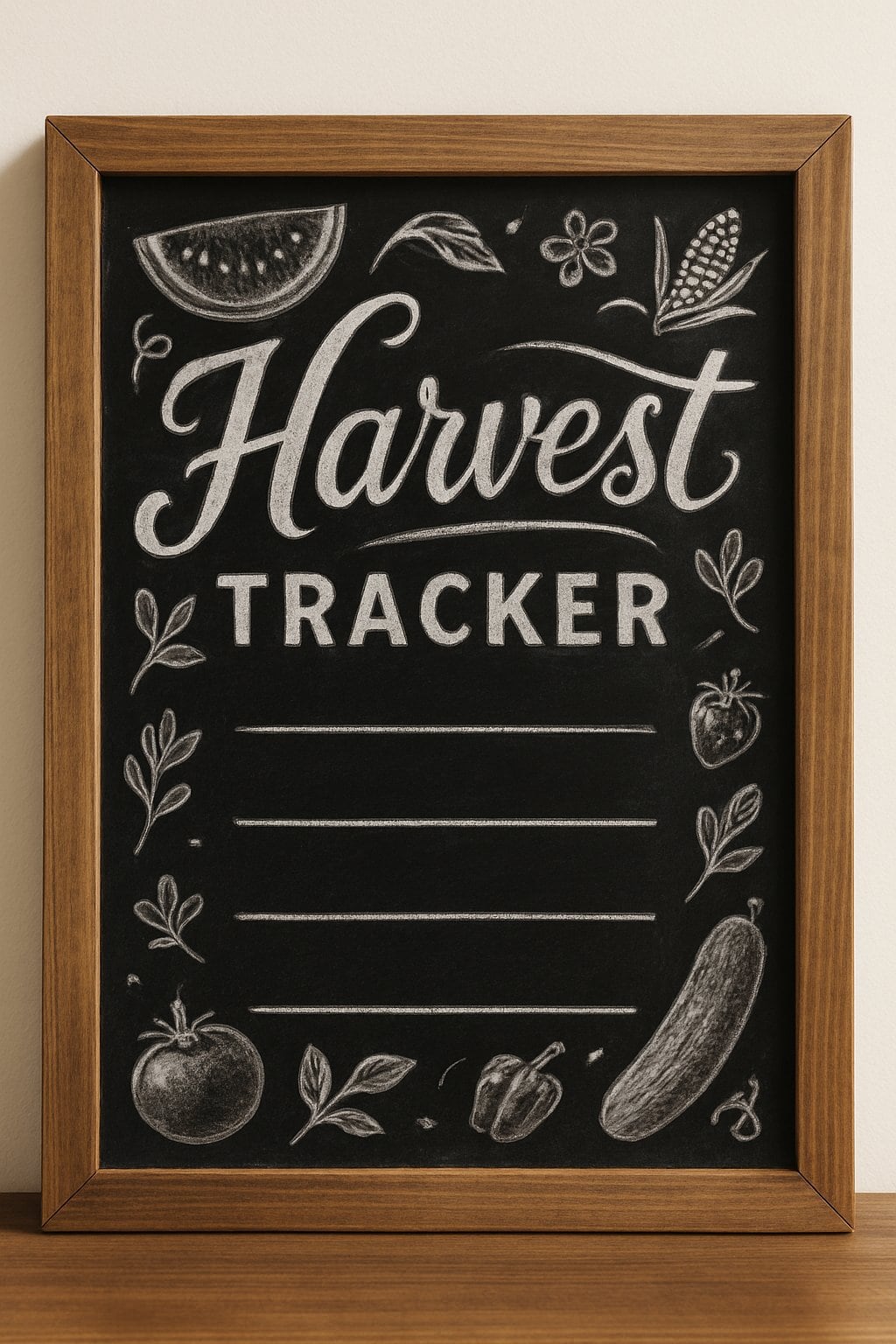 A wood-framed chalkboard with artistic chalk drawings and lettering, surrounded by summer garden-themed illustrations on a clean background.