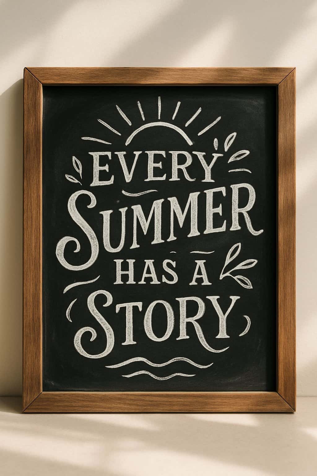 A wooden framed chalkboard sign with artistic white chalk lettering and summer-themed decorative elements, placed against a clean background with natural light.