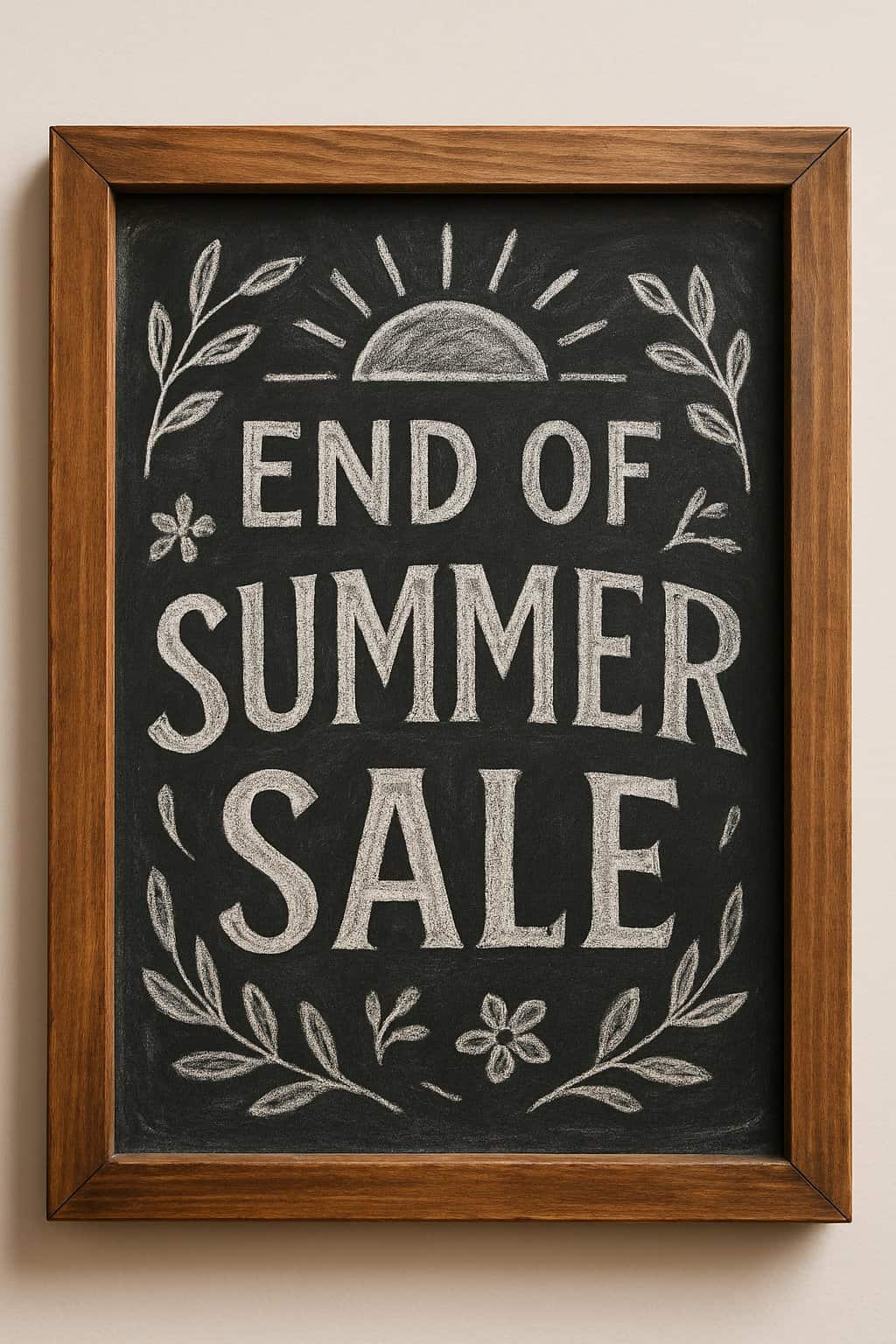 A wood-framed chalkboard sign with artistic chalk drawings and a clean background, illuminated by natural light.