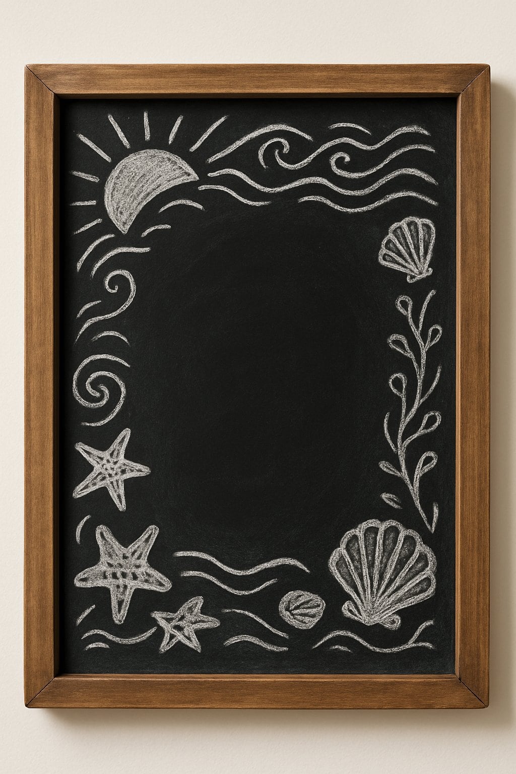 A wood-framed chalkboard with sun and beach themed decorative borders featuring waves, seashells, and sun rays around the edges.