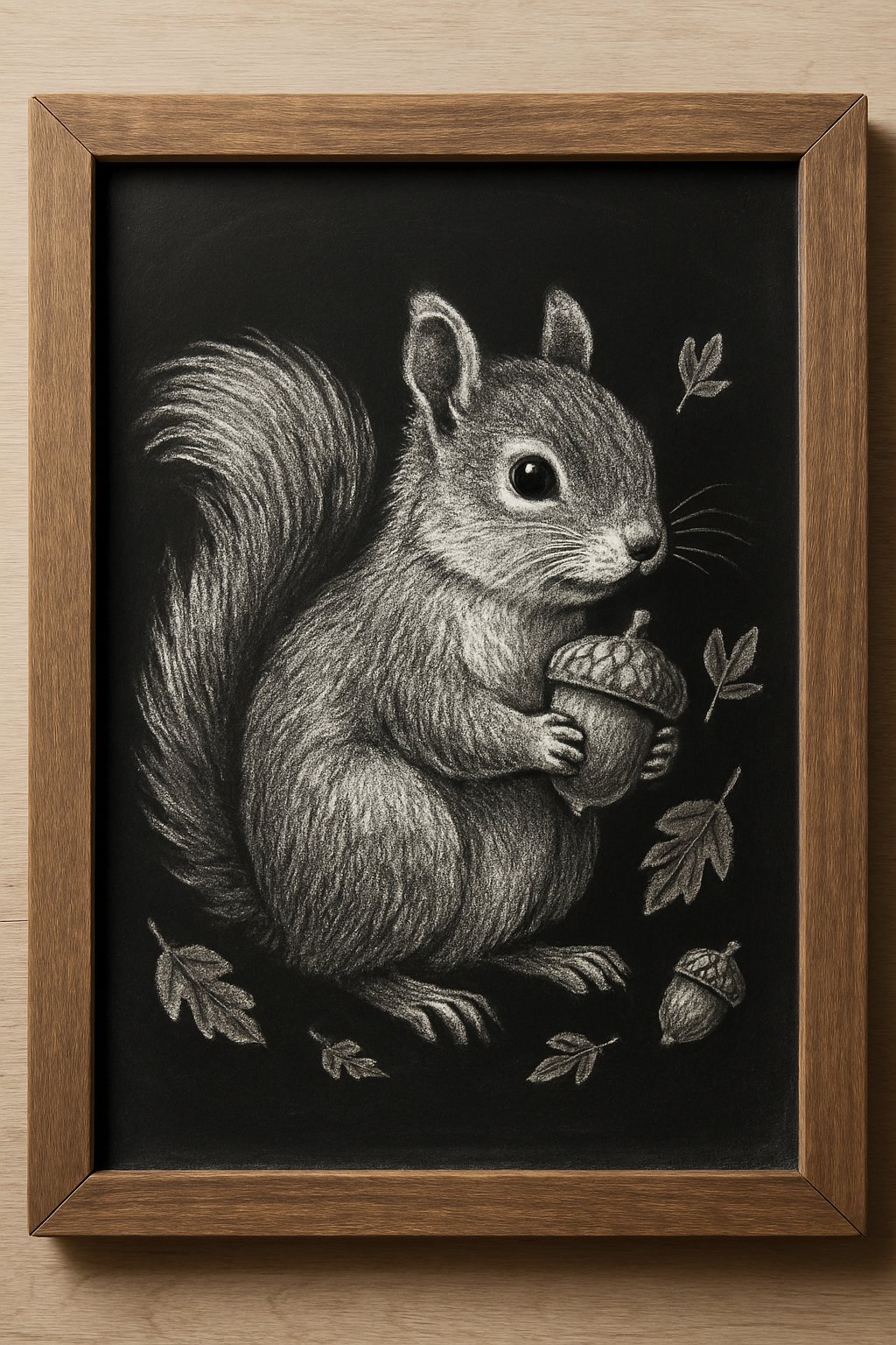 Hand-drawn chalk art of a cute squirrel with a large fluffy tail, holding an acorn and surrounded by chalk leaves.